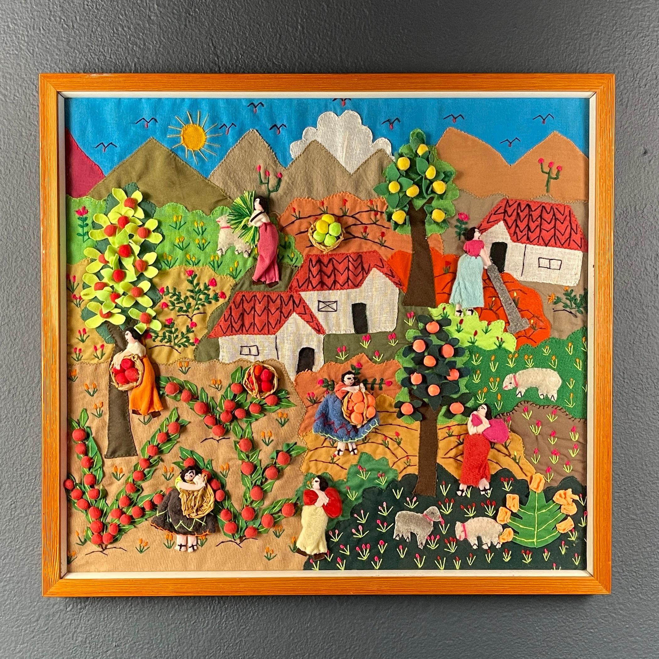 Transport yourself to a simpler time with this charming patchwork painting, titled 'Apple Picking,' a beautiful art made in Italy during the 1980s in Naive art style. This delightful work of folk art captures the full essence of rural life. The