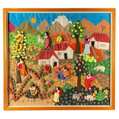 Peinture patchwork "Cueillette de pommes" dans le style de l'art naïf Italie 1980