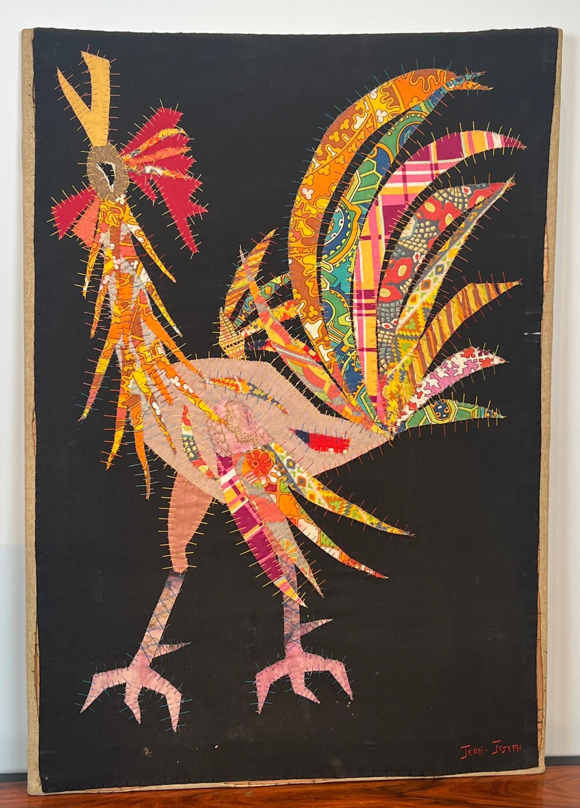 This very nice and decorative patckwork represents a rooster. This is a French work signed Jean Joseph. Circa 1970