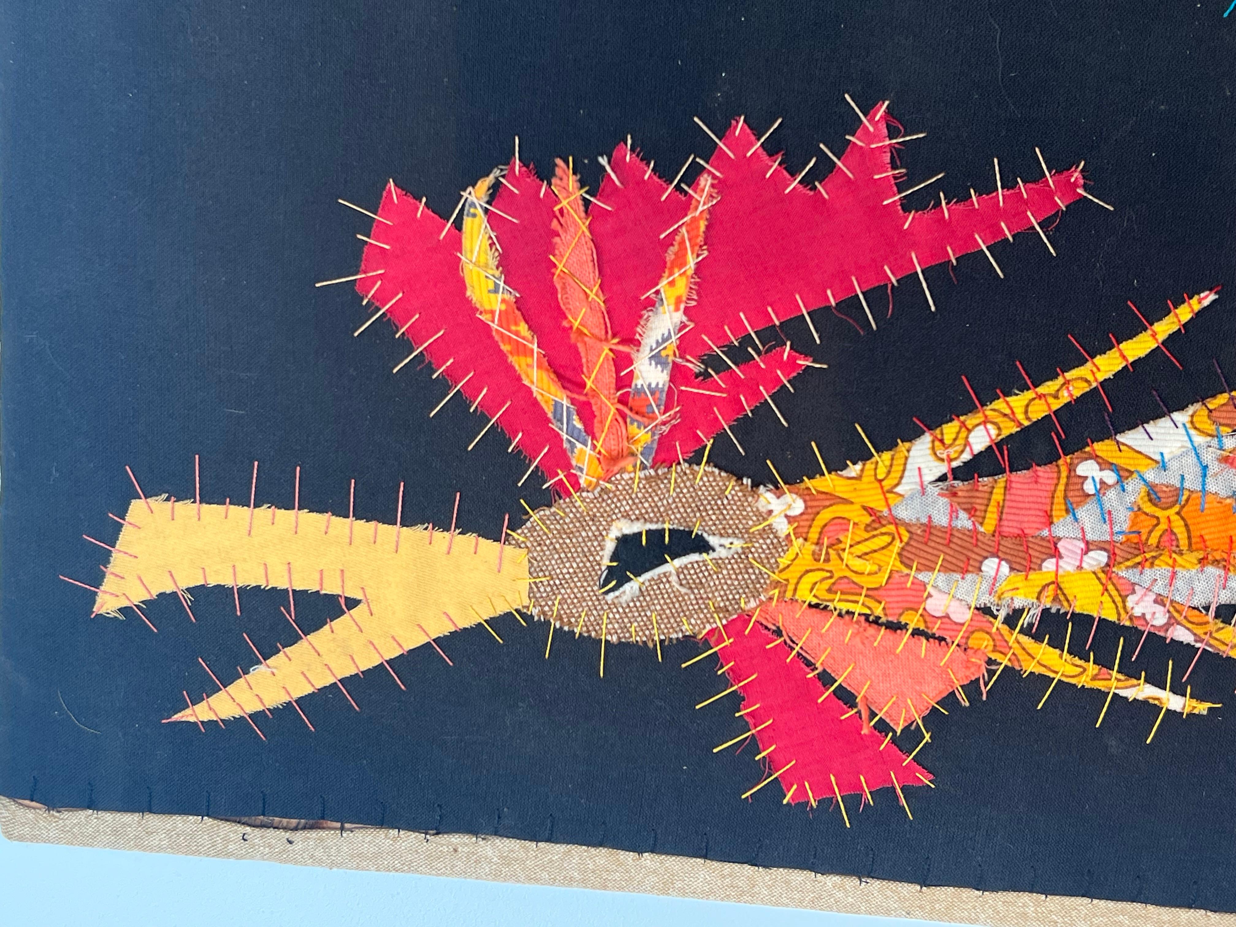 Patchwork Representing a Rooster Signed Jean Joseph In Good Condition For Sale In Marcq-en-Barœul, Hauts-de-France
