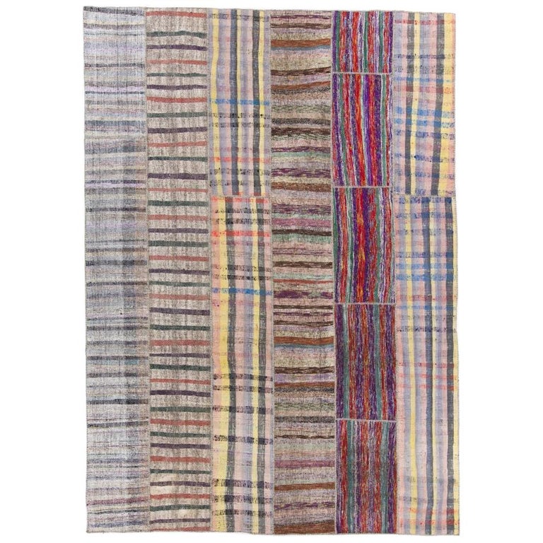 10x14 Ft Handmade Flatweave Patchwork Cotton Rug Made from Vintage