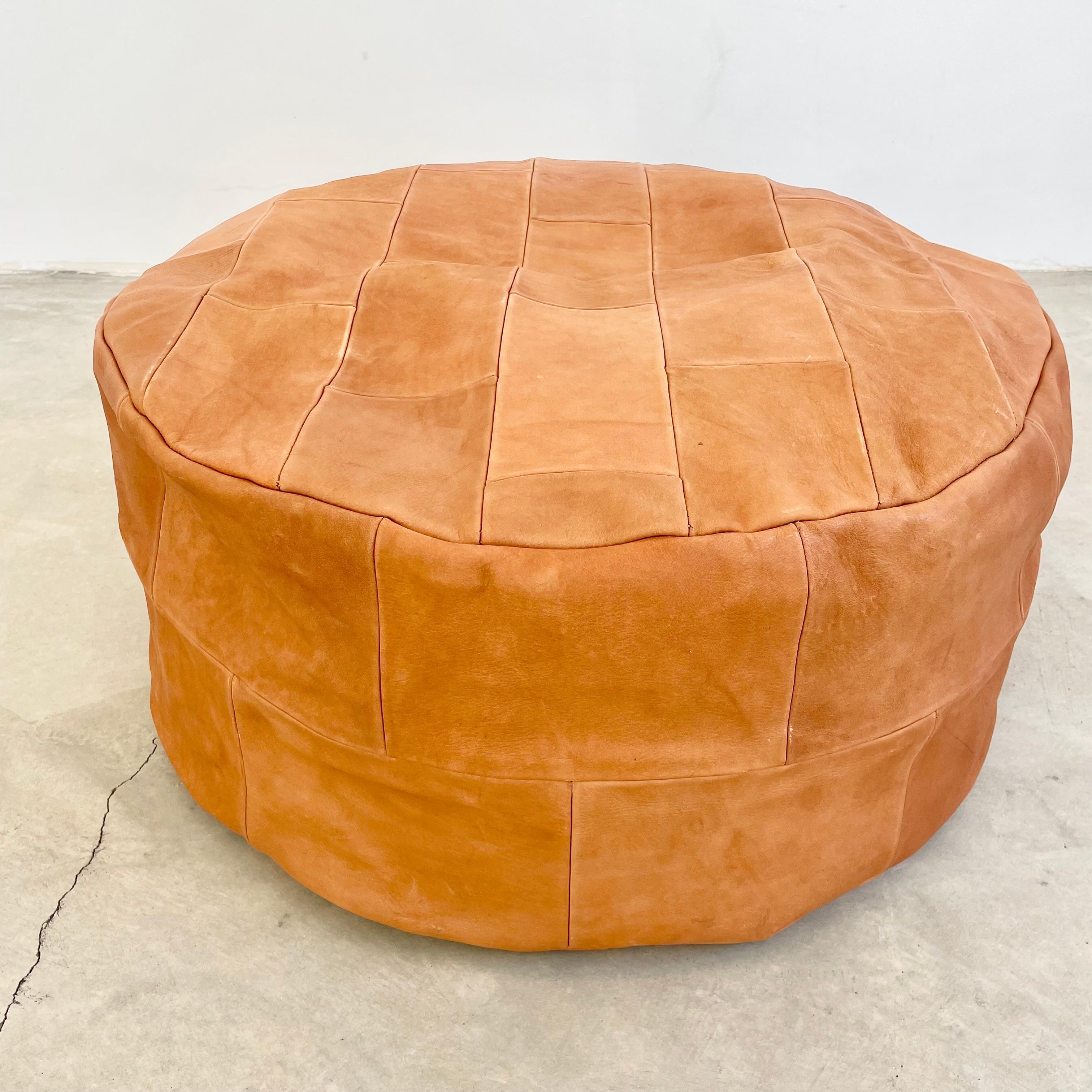 Mid-Century Modern Patchwork Saddle Leather Pouf, Morocco For Sale