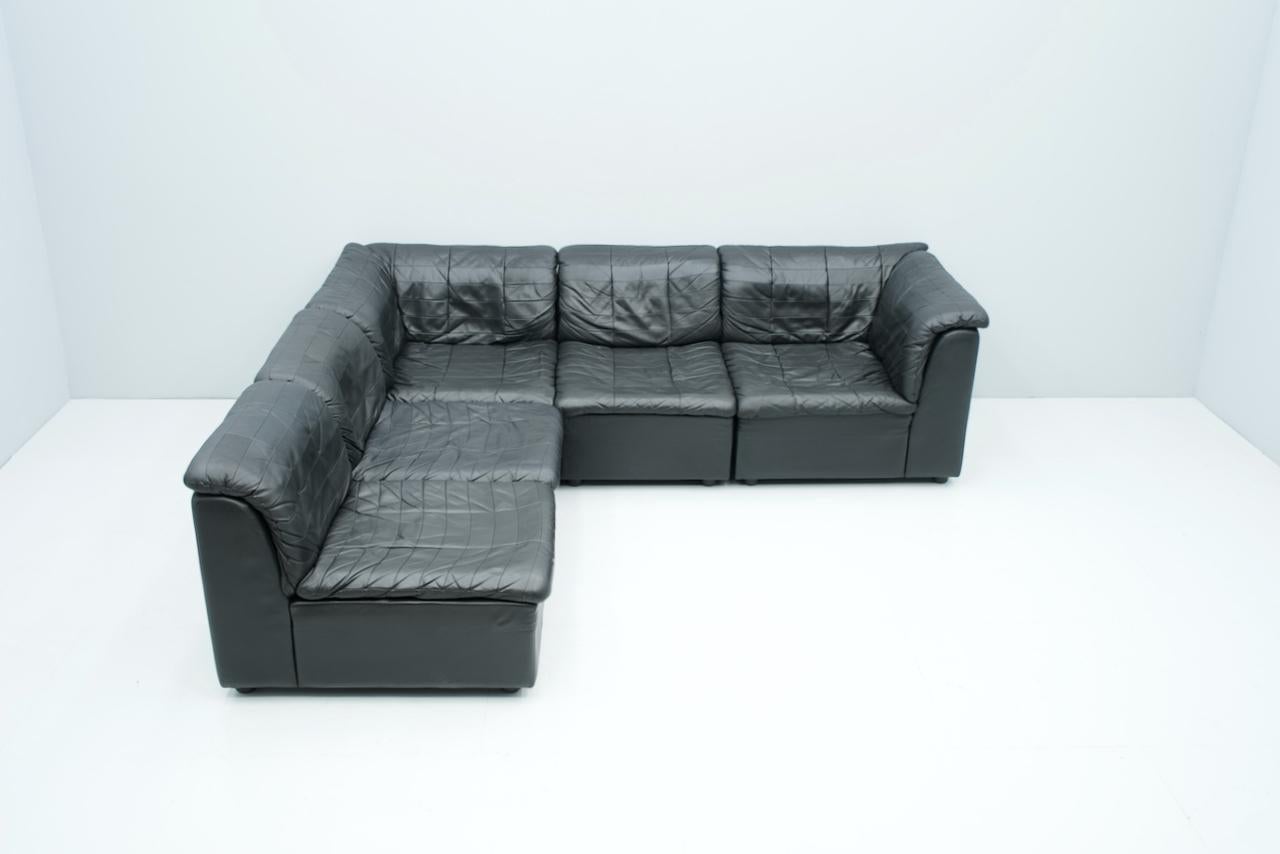 Late 20th Century Patchwork Sectional in Black Leather Sofa 5 Elements, 1970s For Sale