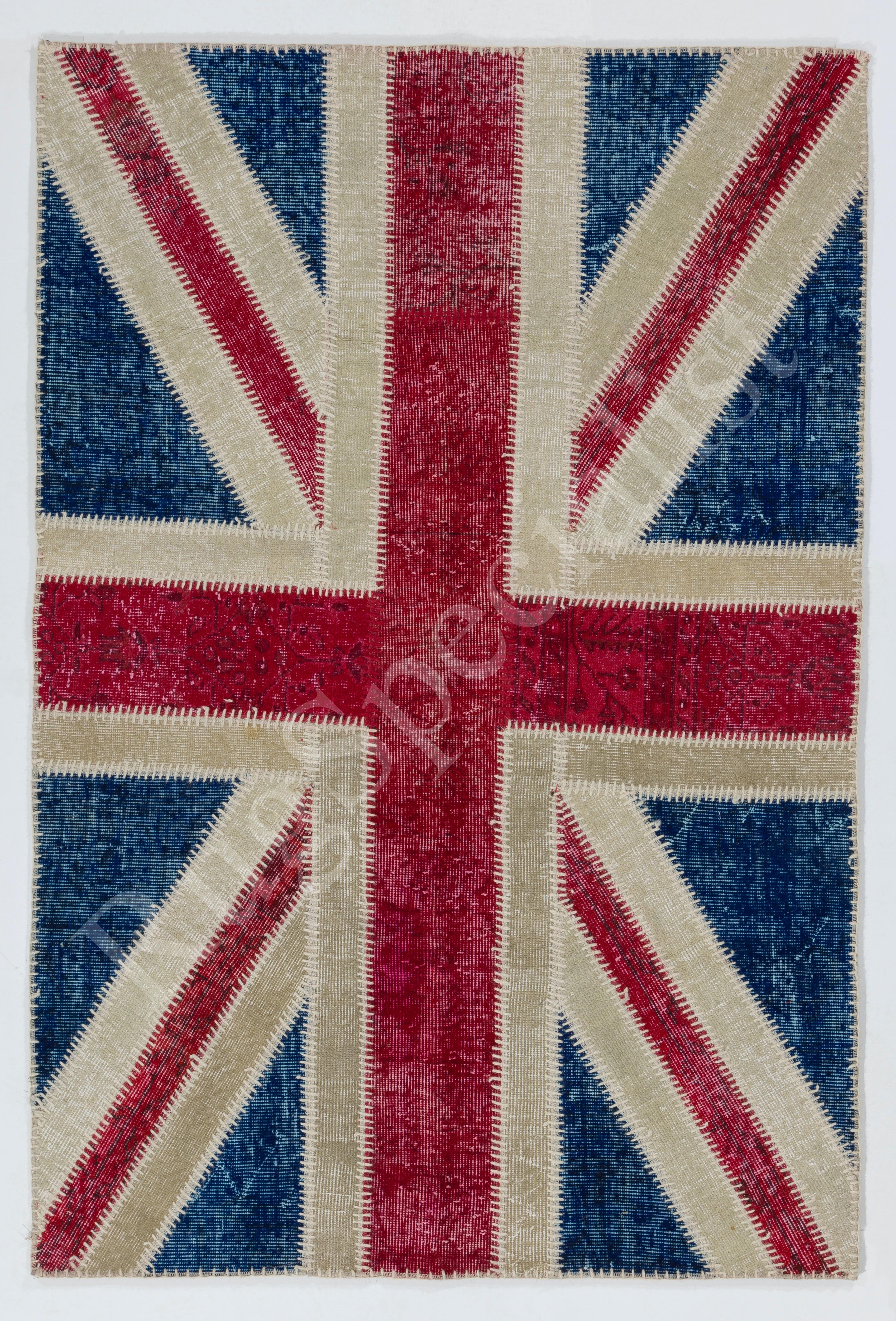Tappeto Union Jack patchwork, realizzato a mano con tappeti turchi d'epoca sovratinti