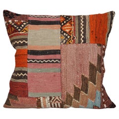Patchwork Vintage Kilim Rug Pillow with Irish Linen Cushion Red Yellow Black