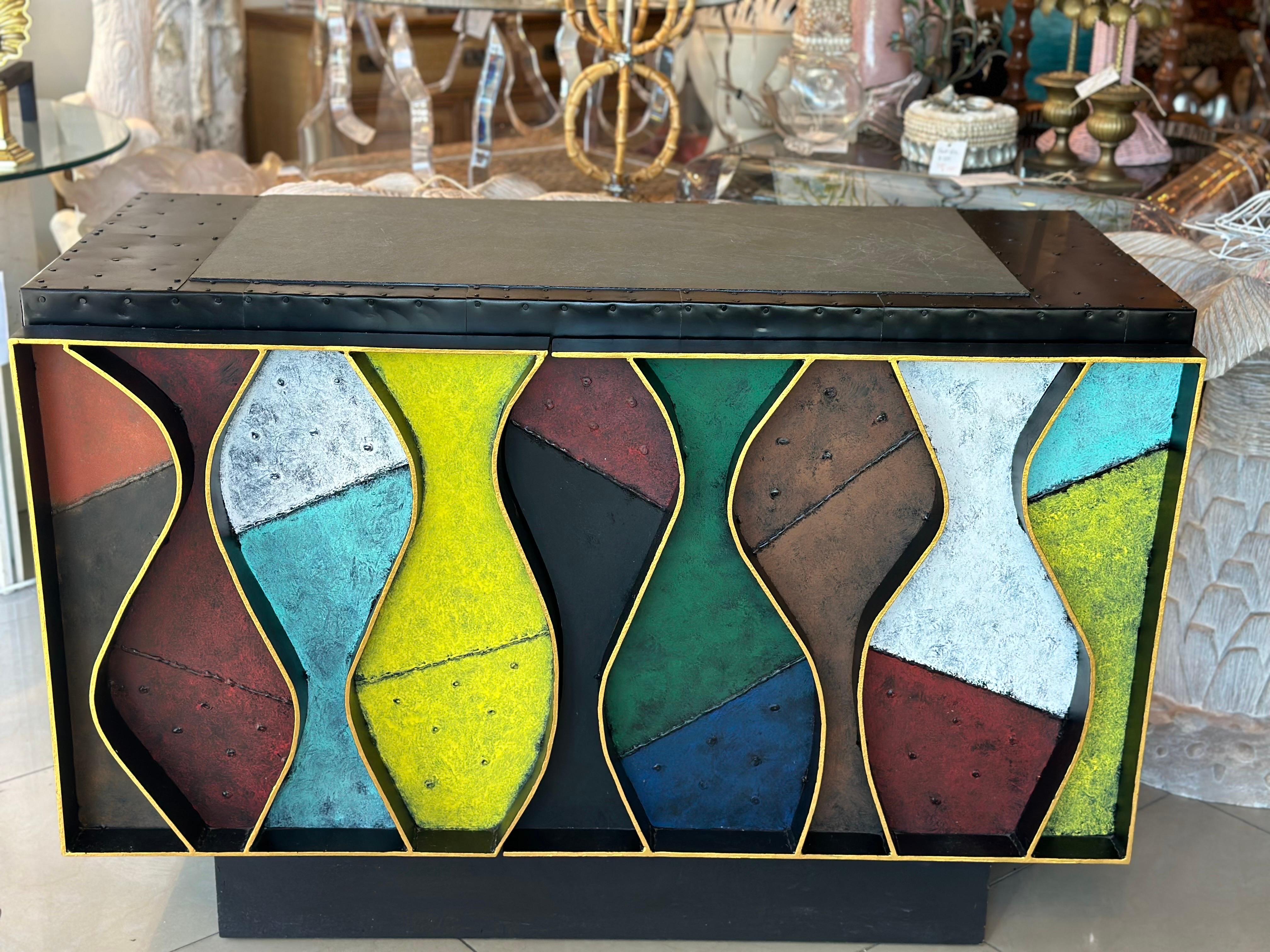 Patchwork Wavy Slate Metal Steel Riveted Cabinet Credenza Paul Evans Style For Sale 4