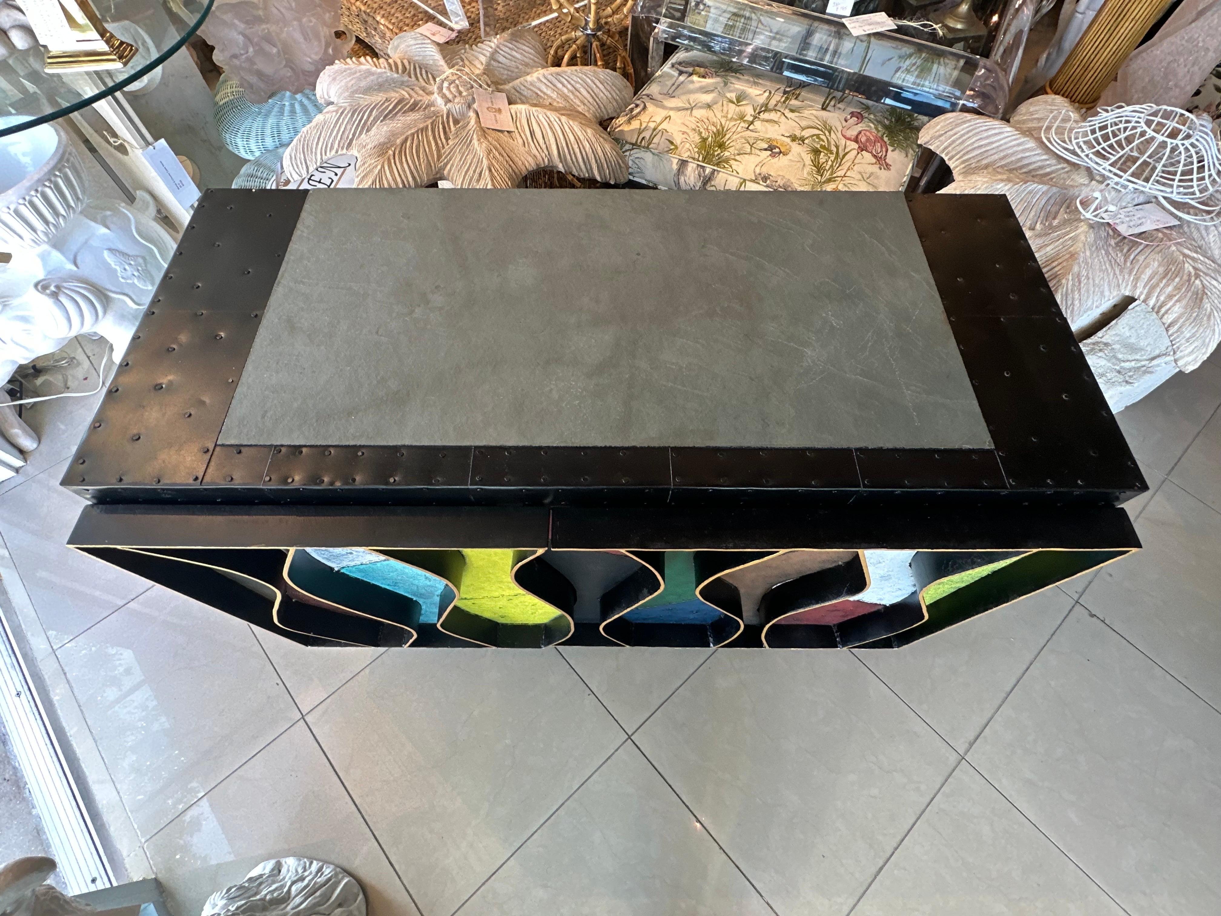 Patchwork Wavy Slate Metal Steel Riveted Cabinet Credenza Paul Evans Style For Sale 5