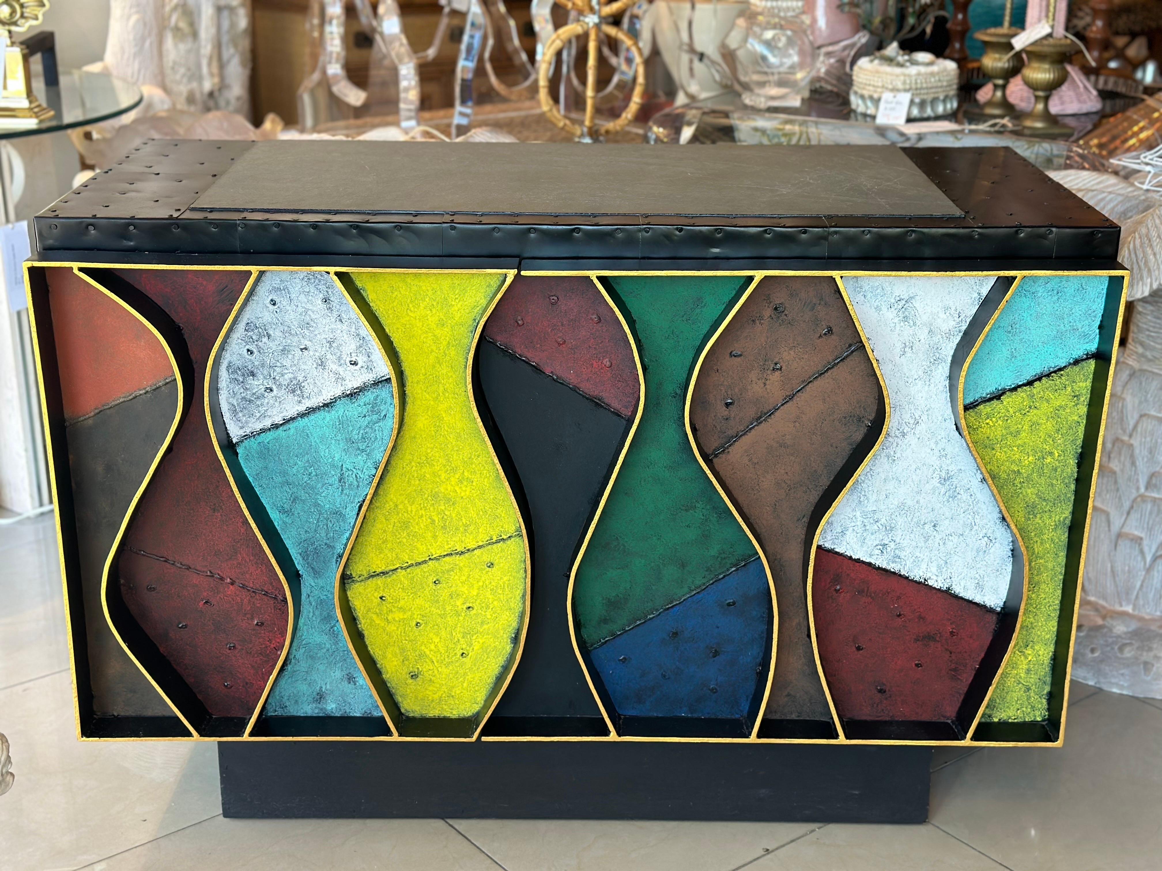 Patchwork Wavy Slate Metal Steel Riveted Cabinet Credenza Paul Evans Style For Sale 8