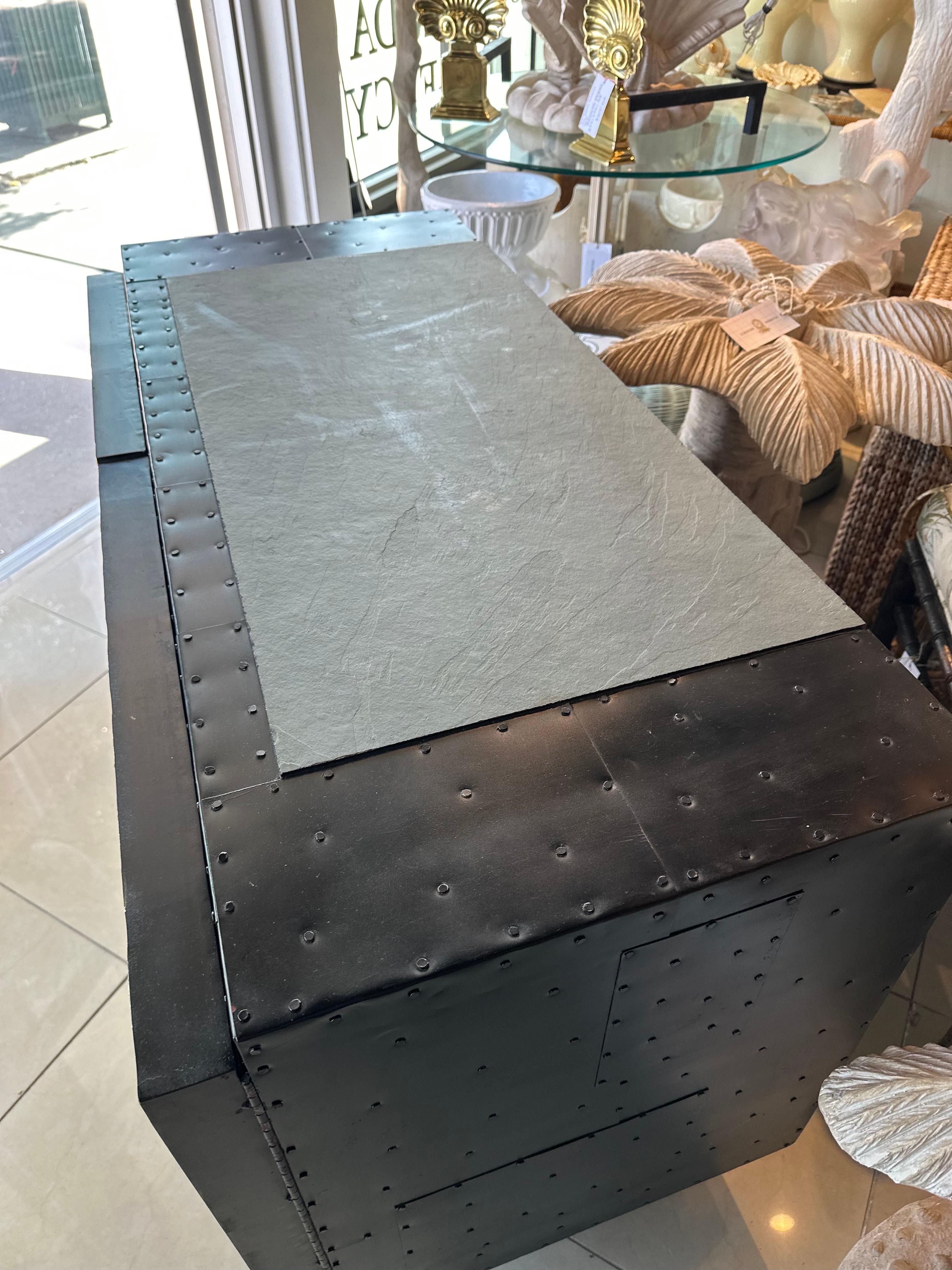 Patchwork Wavy Slate Metal Steel Riveted Cabinet Credenza Paul Evans Style For Sale 10