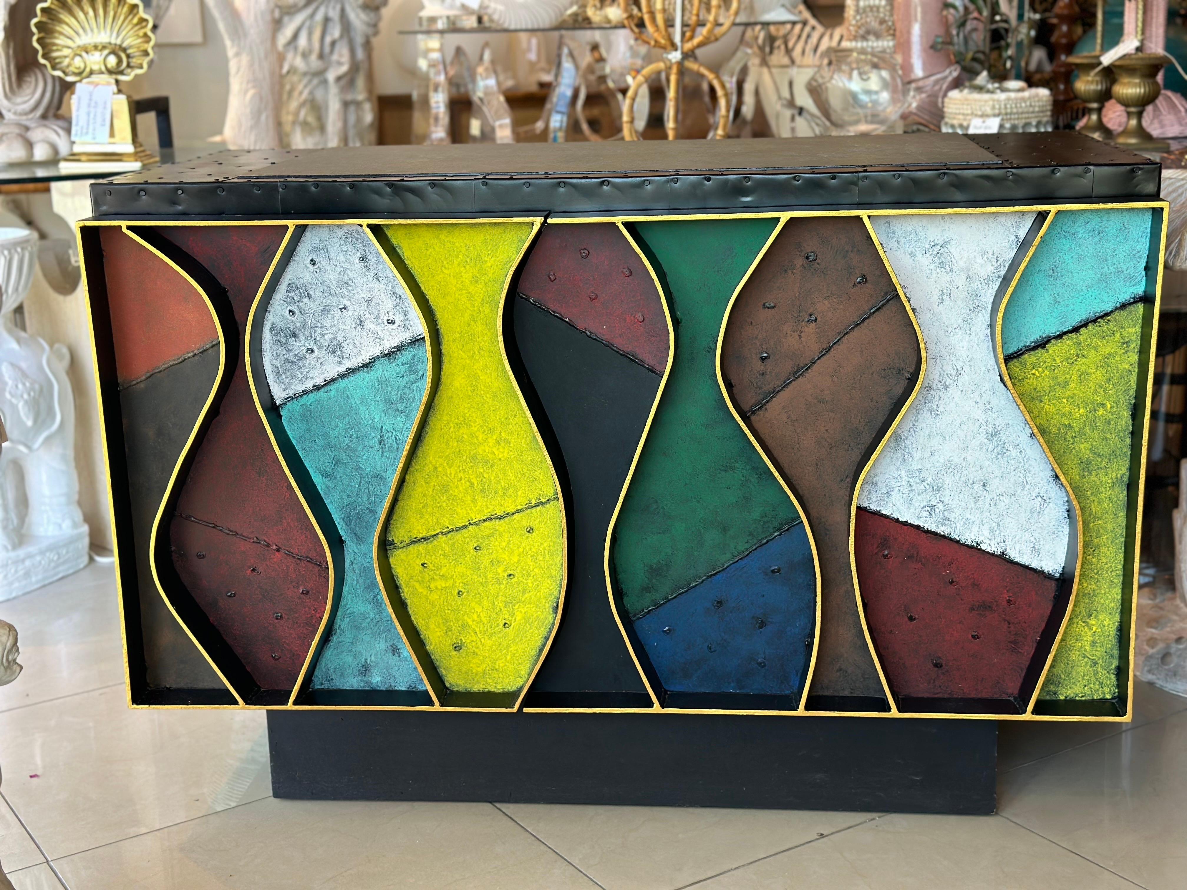 Patchwork Wavy Slate Metal Steel Riveted Cabinet Credenza Paul Evans Style For Sale 11