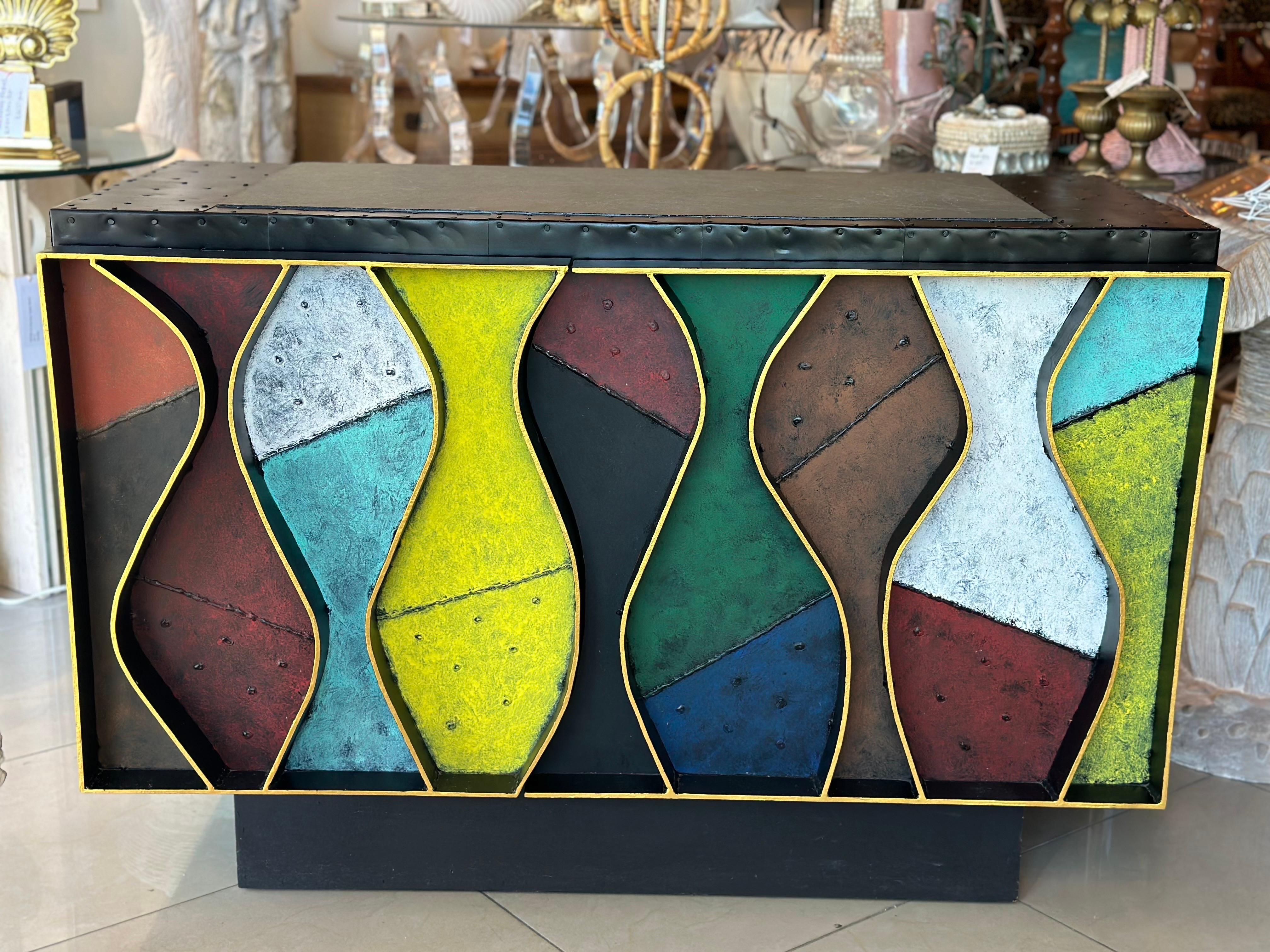 Patchwork Wavy Slate Metal Steel Riveted Cabinet Credenza Paul Evans Style For Sale 12