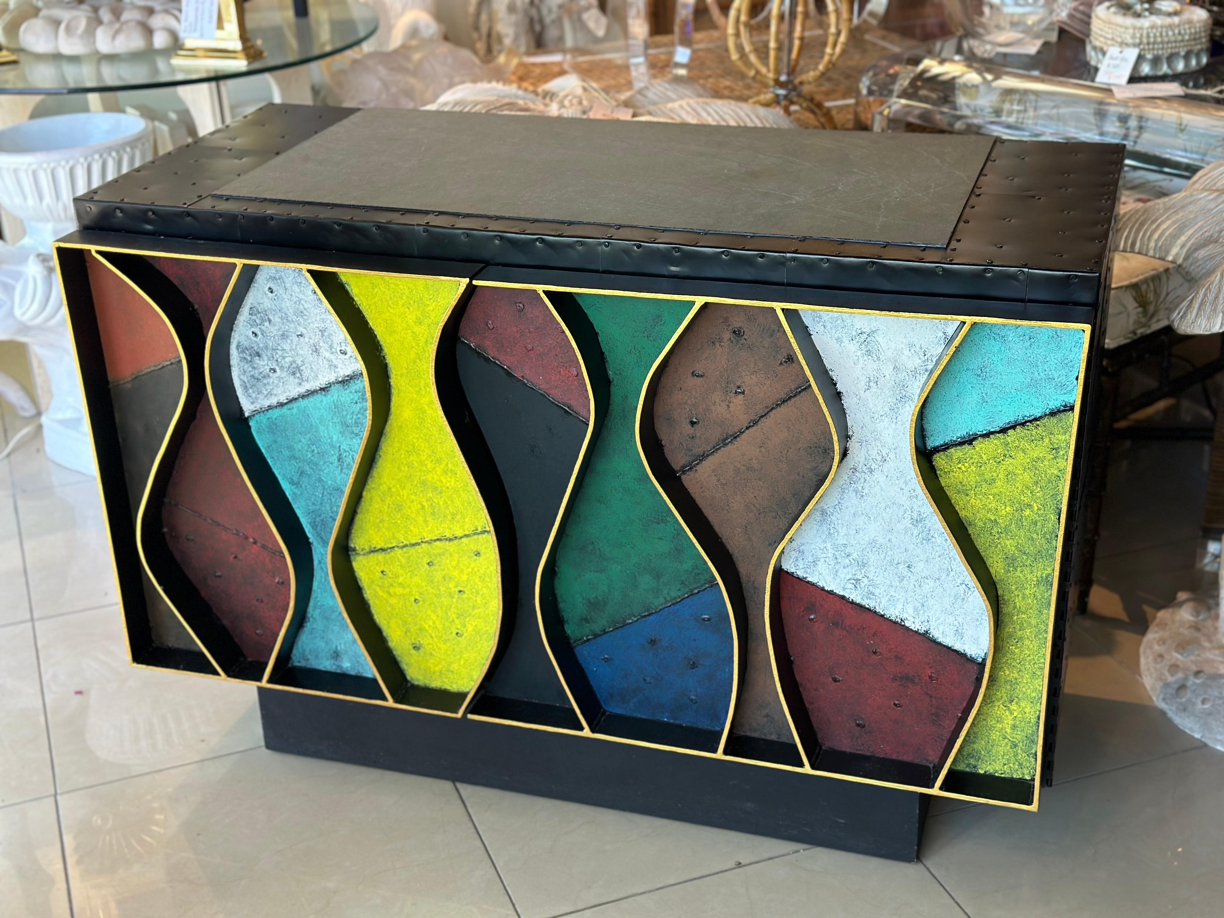 Patchwork Wavy Slate Metal Steel Riveted Cabinet Credenza Paul Evans Style For Sale 13