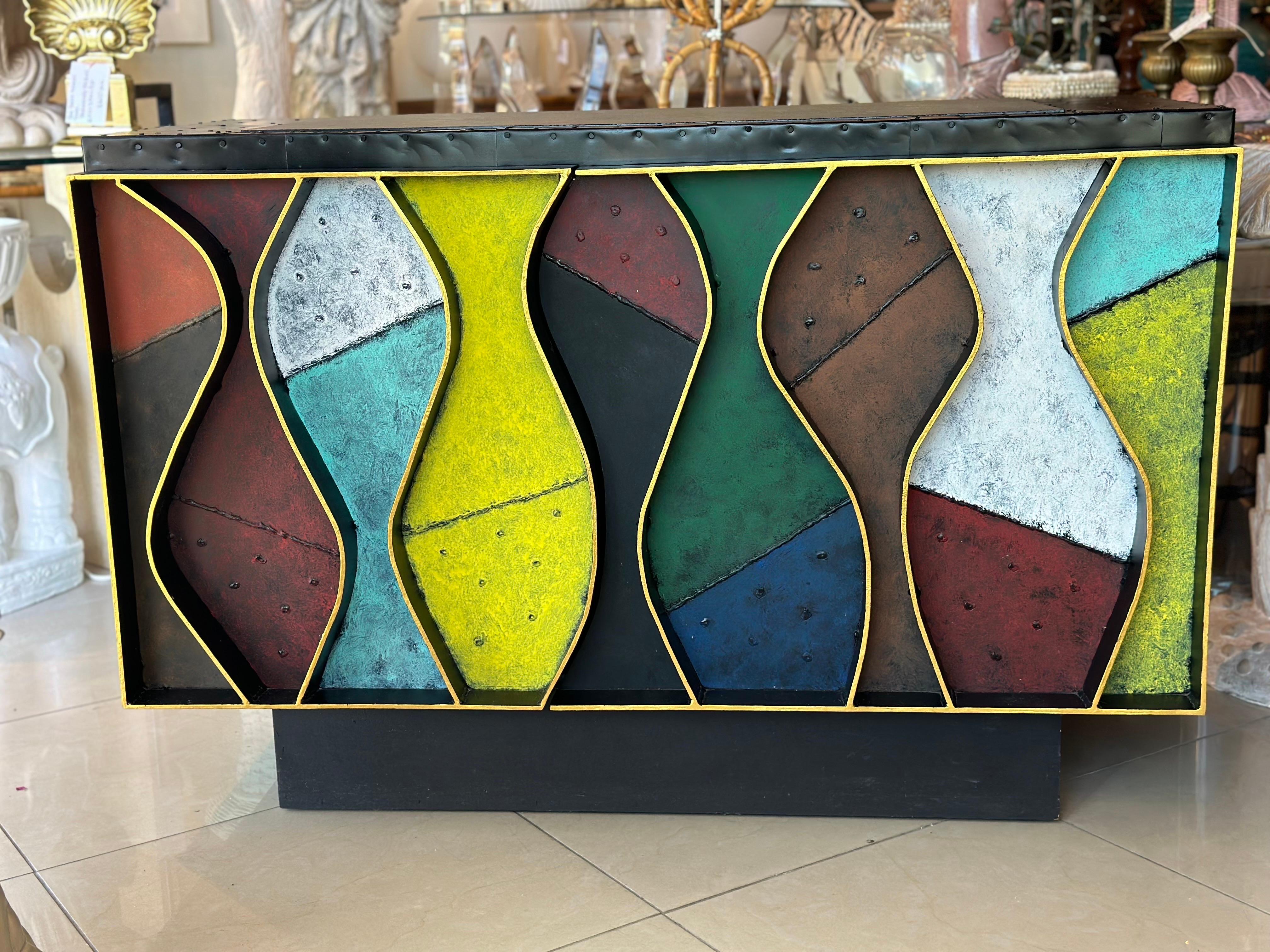 Patchwork Wavy Slate Metal Steel Riveted Cabinet Credenza Paul Evans Style For Sale 14