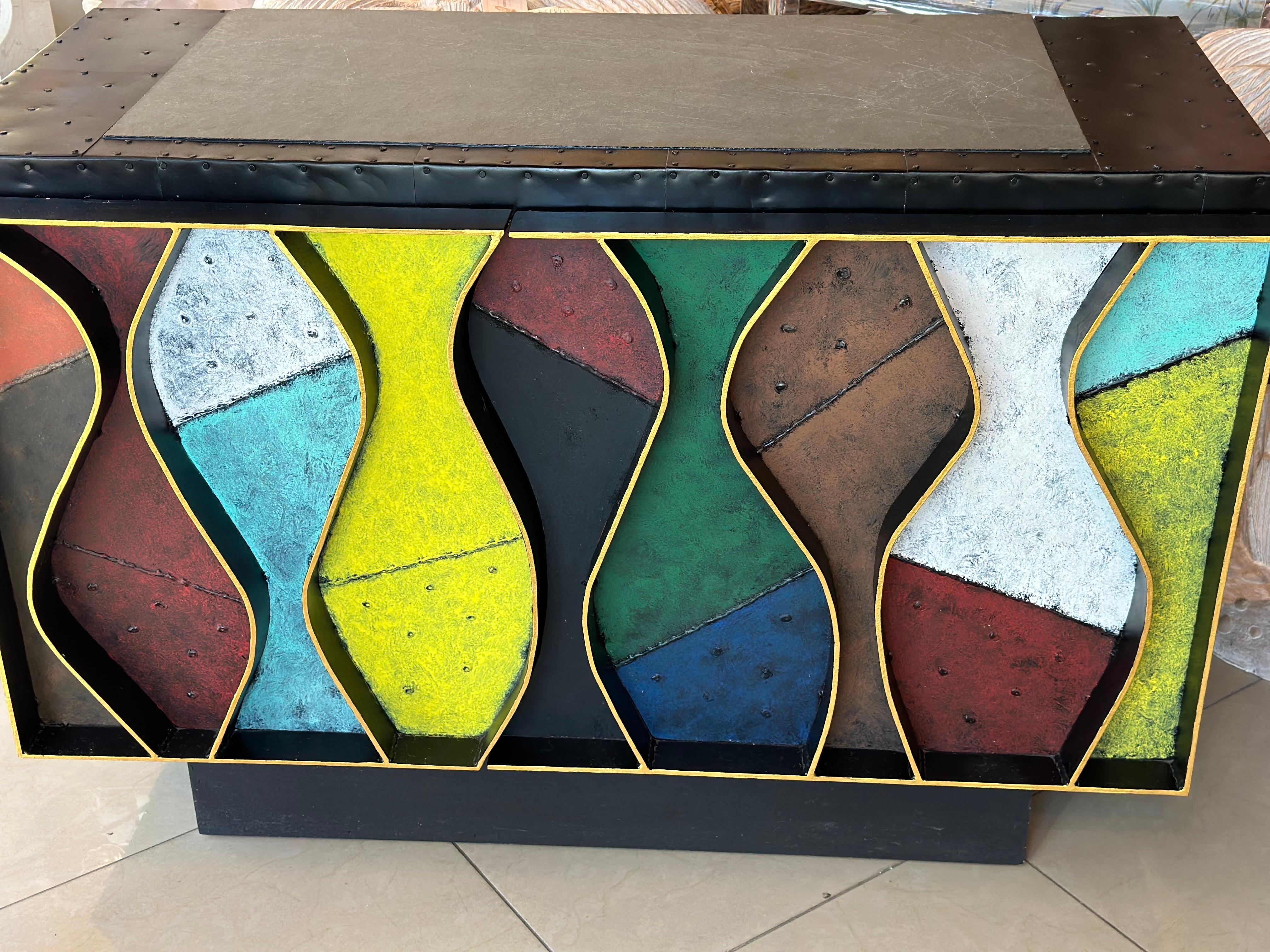 Brutalist Patchwork Wavy Slate Metal Steel Riveted Cabinet Credenza Paul Evans Style For Sale