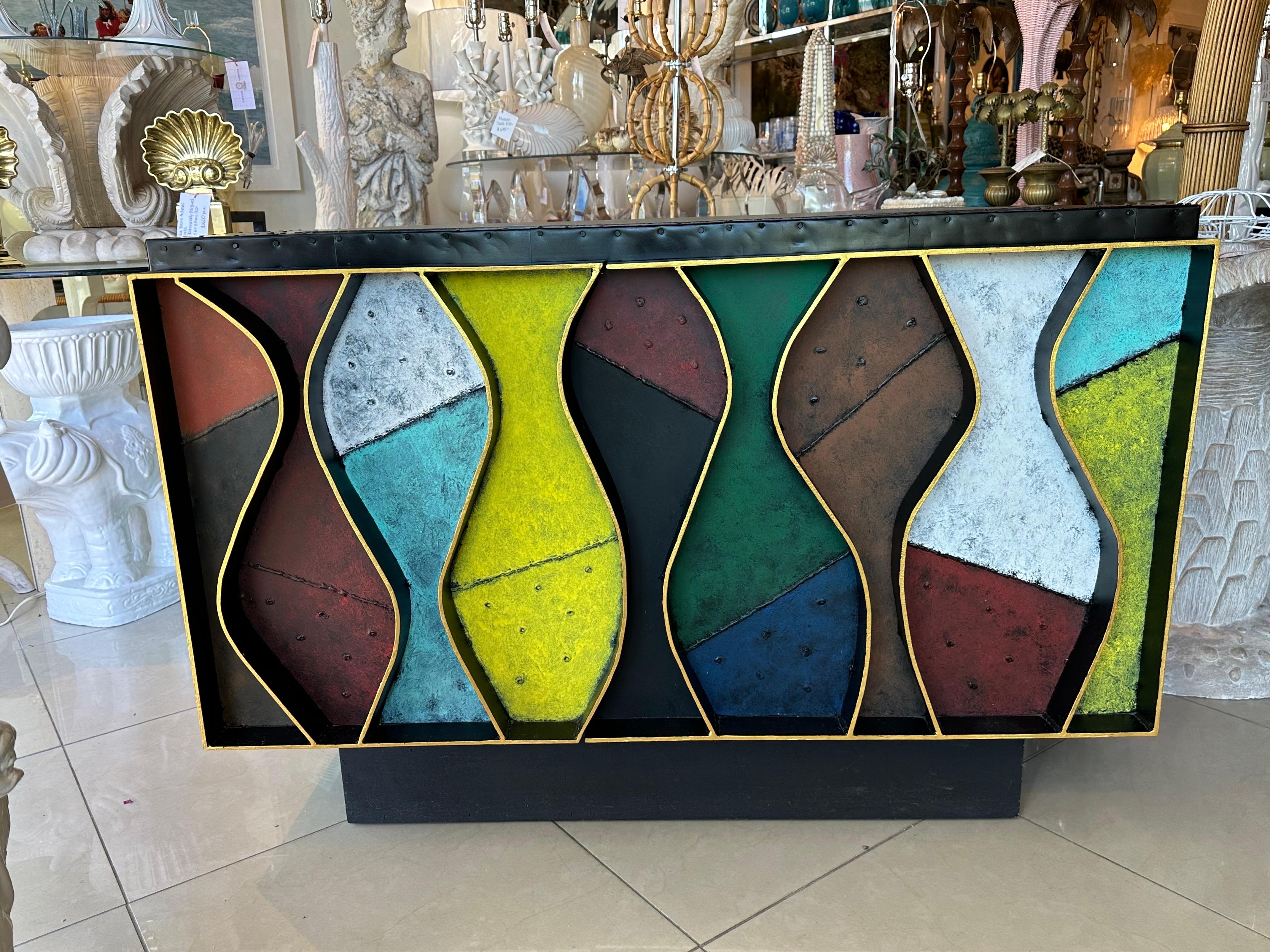 American Patchwork Wavy Slate Metal Steel Riveted Cabinet Credenza Paul Evans Style For Sale
