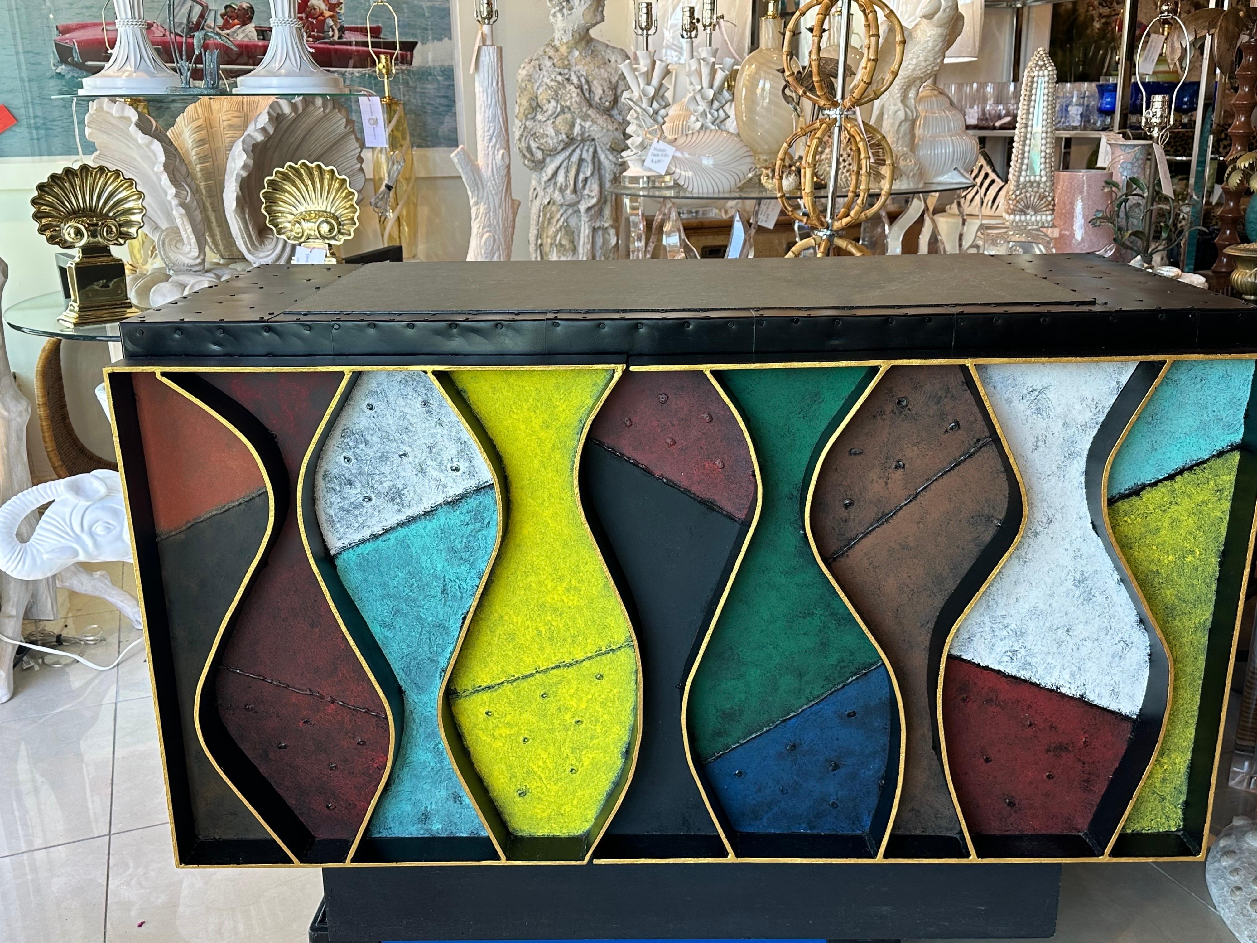 Patchwork Wavy Slate Metal Steel Riveted Cabinet Credenza Paul Evans Style In Good Condition For Sale In West Palm Beach, FL