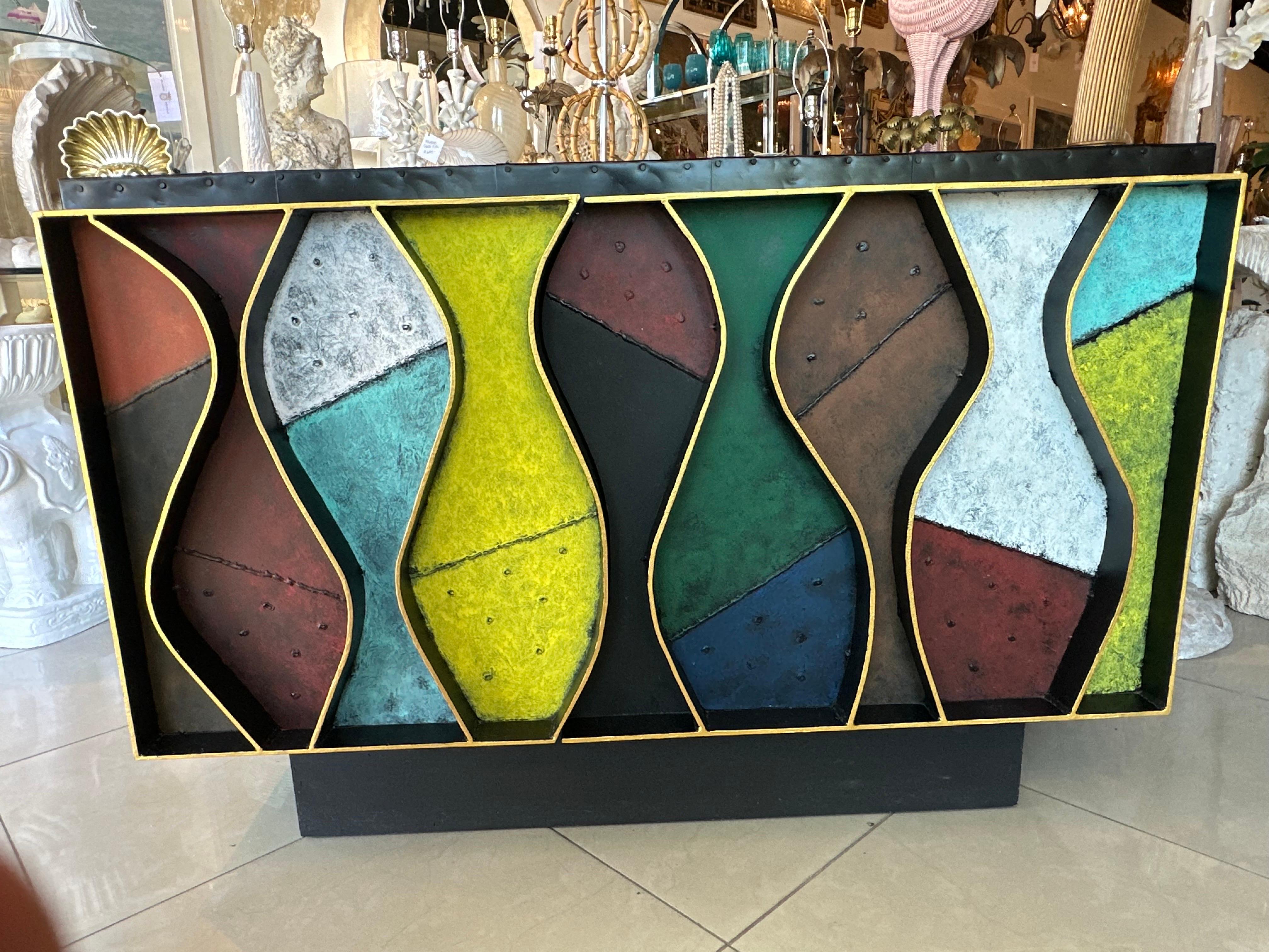 Patchwork Wavy Slate Metal Steel Riveted Cabinet Credenza Paul Evans Style For Sale 1