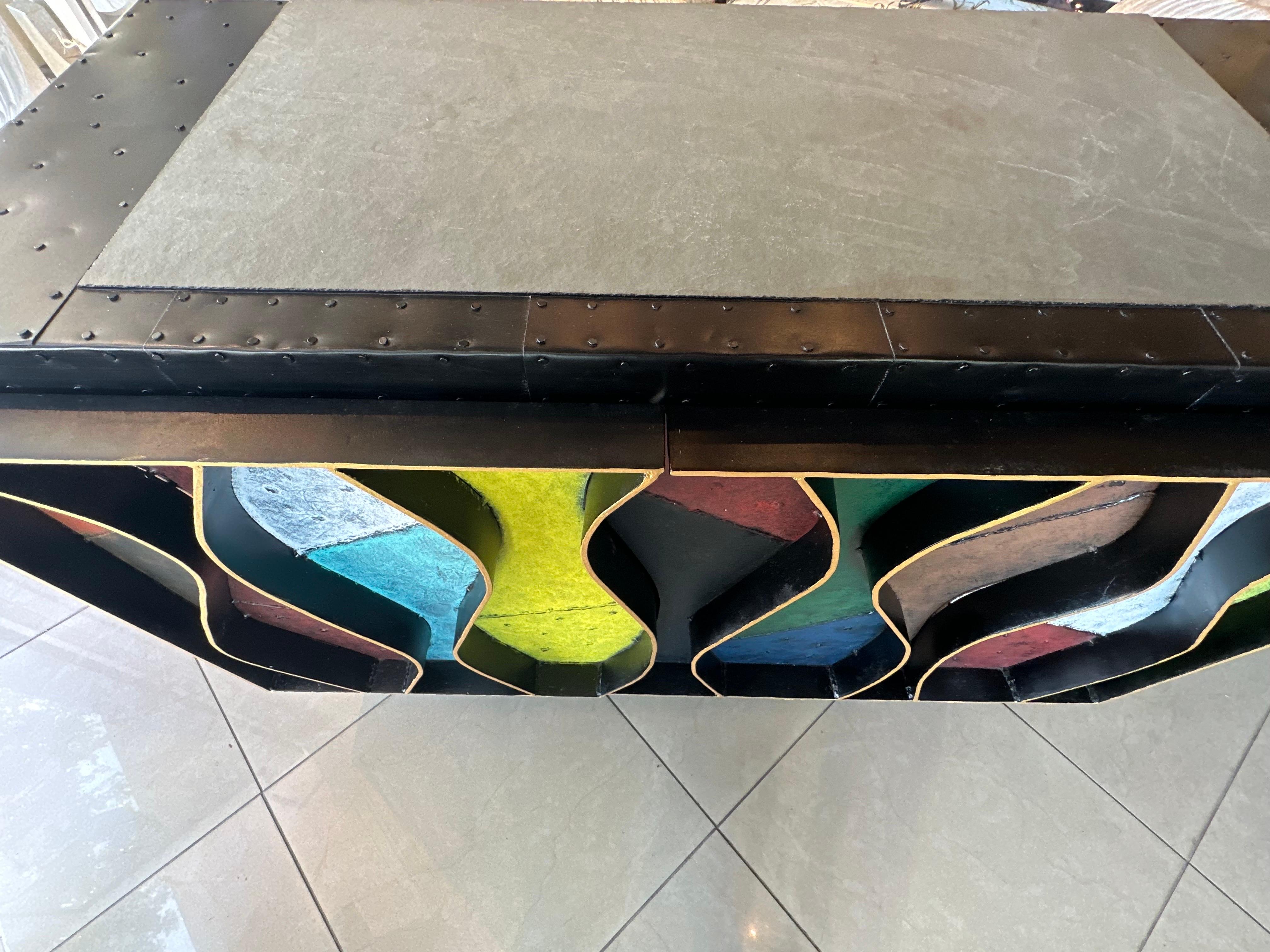 Patchwork Wavy Slate Metal Steel Riveted Cabinet Credenza Paul Evans Style For Sale 3
