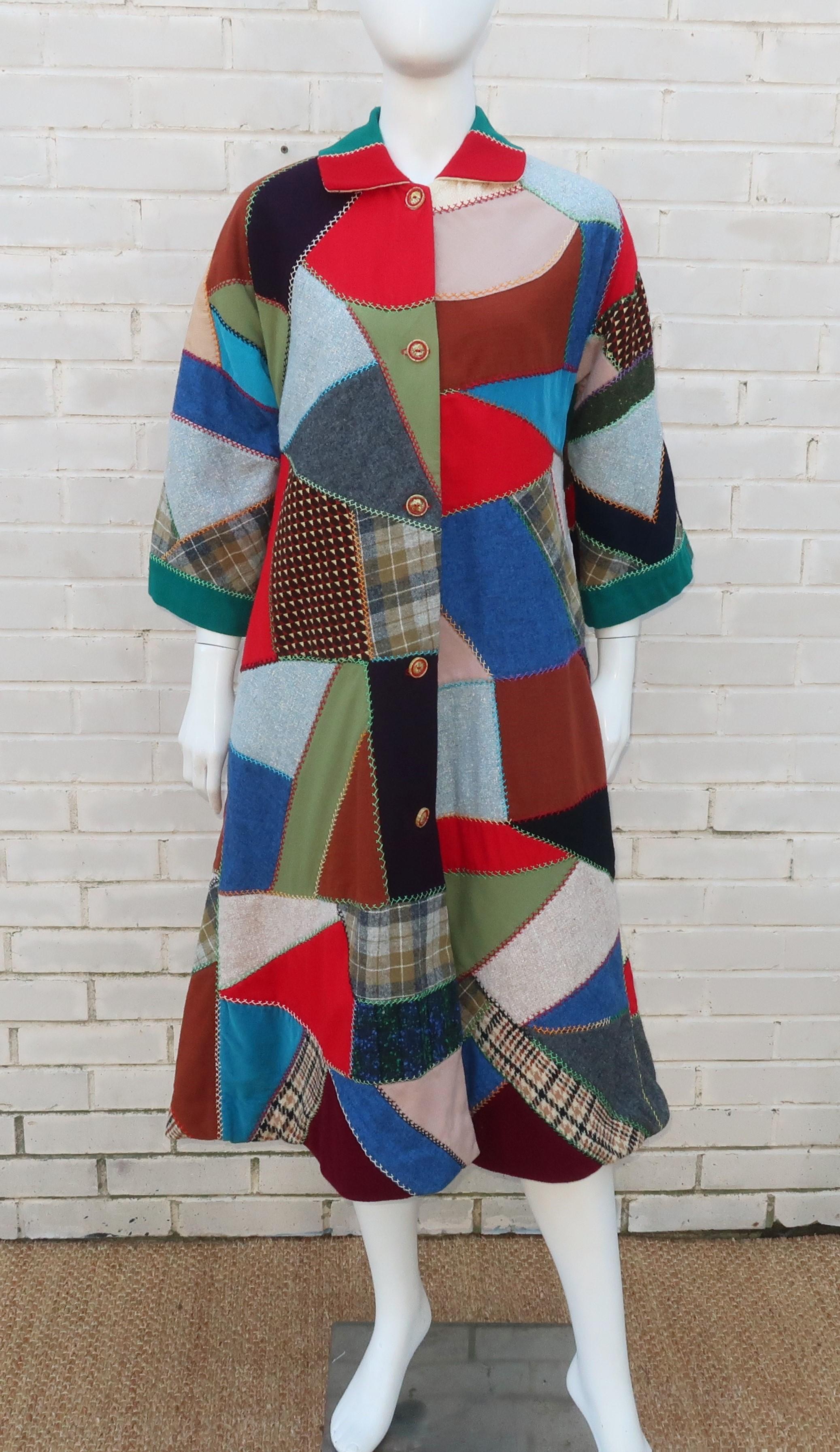 This 1950's crazy quilt coat creation is a wonderful combination of homespun talent and folk art style.  The patchwork design includes wool, corduroy and boucle in shades of red, blue, lavender, gray, aubergine, olive green, teal green, baby blue,