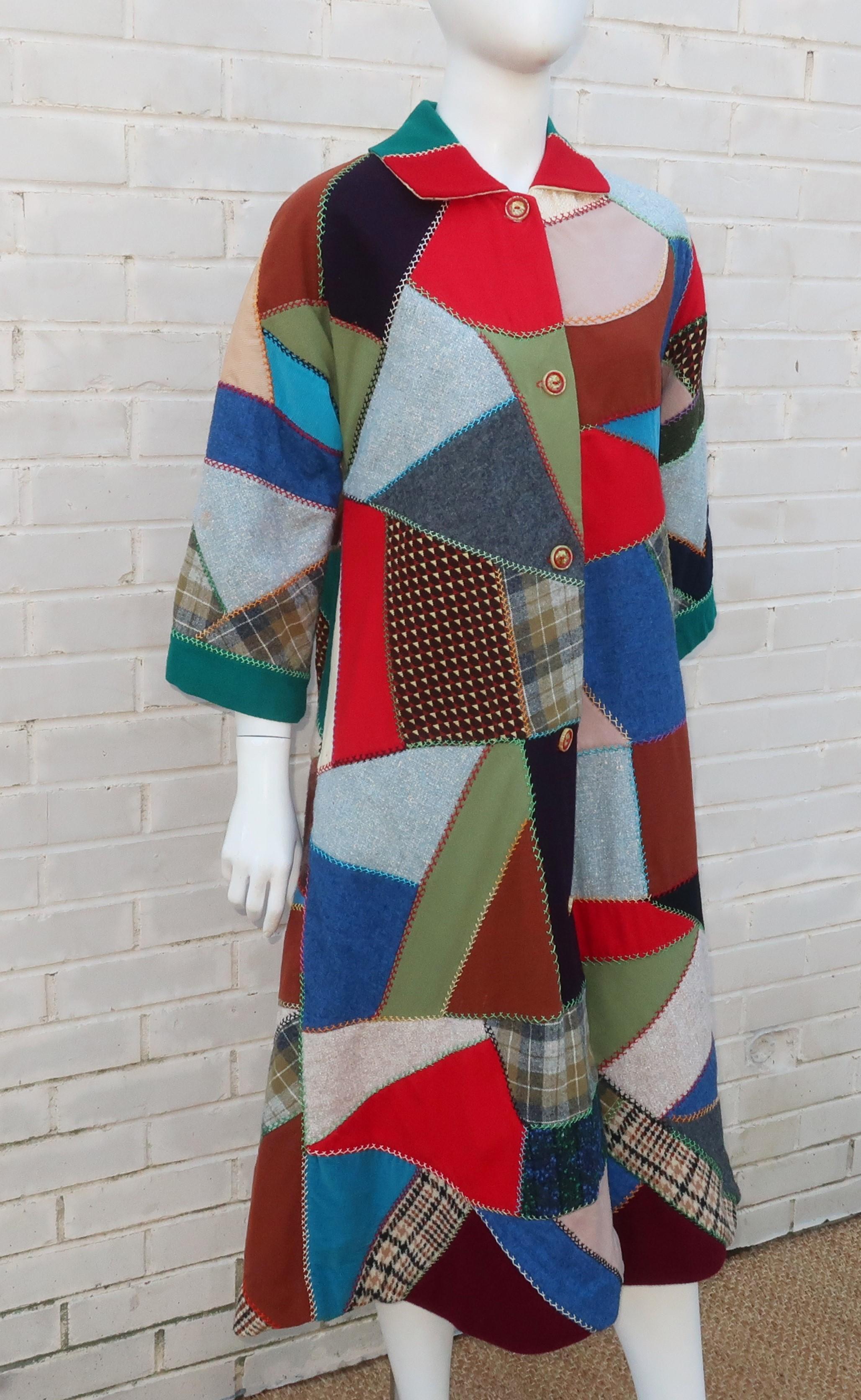 Patchwork Wool Crazy Quilt Coat, 1950's In Good Condition In Atlanta, GA