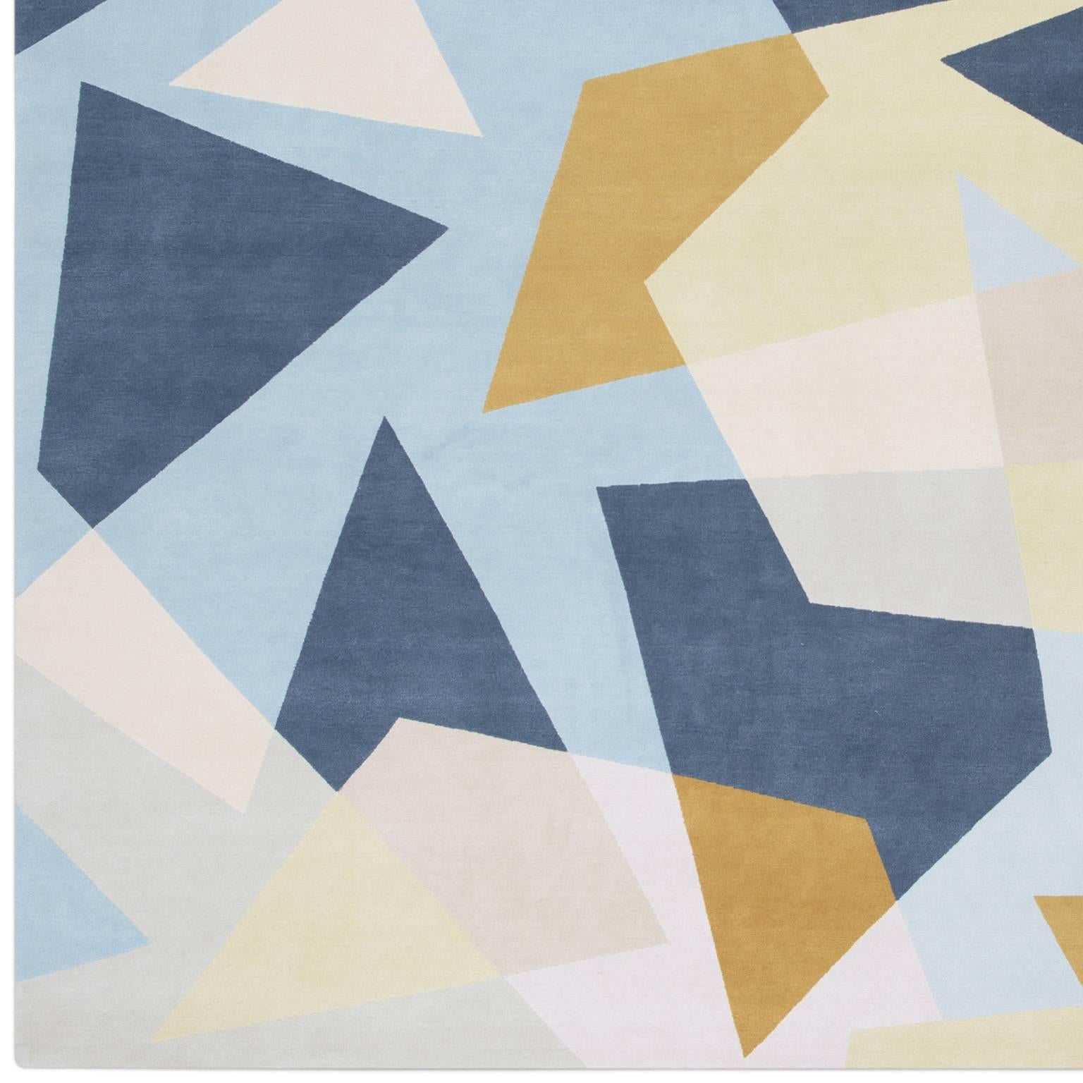Patchwork blue is hand-knotted wool and silk geometric rug from the knots rugs, 2018 collection. Produced in a 100 knot quality, other colour variations available. Bespoke colour ways and sizes to order.