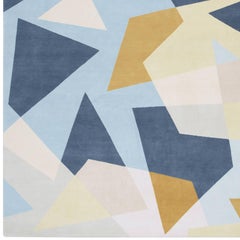 'Patchwork Blue' Hand-Knotted Contemporary Geometric Wool and Silk Tibetan Rug