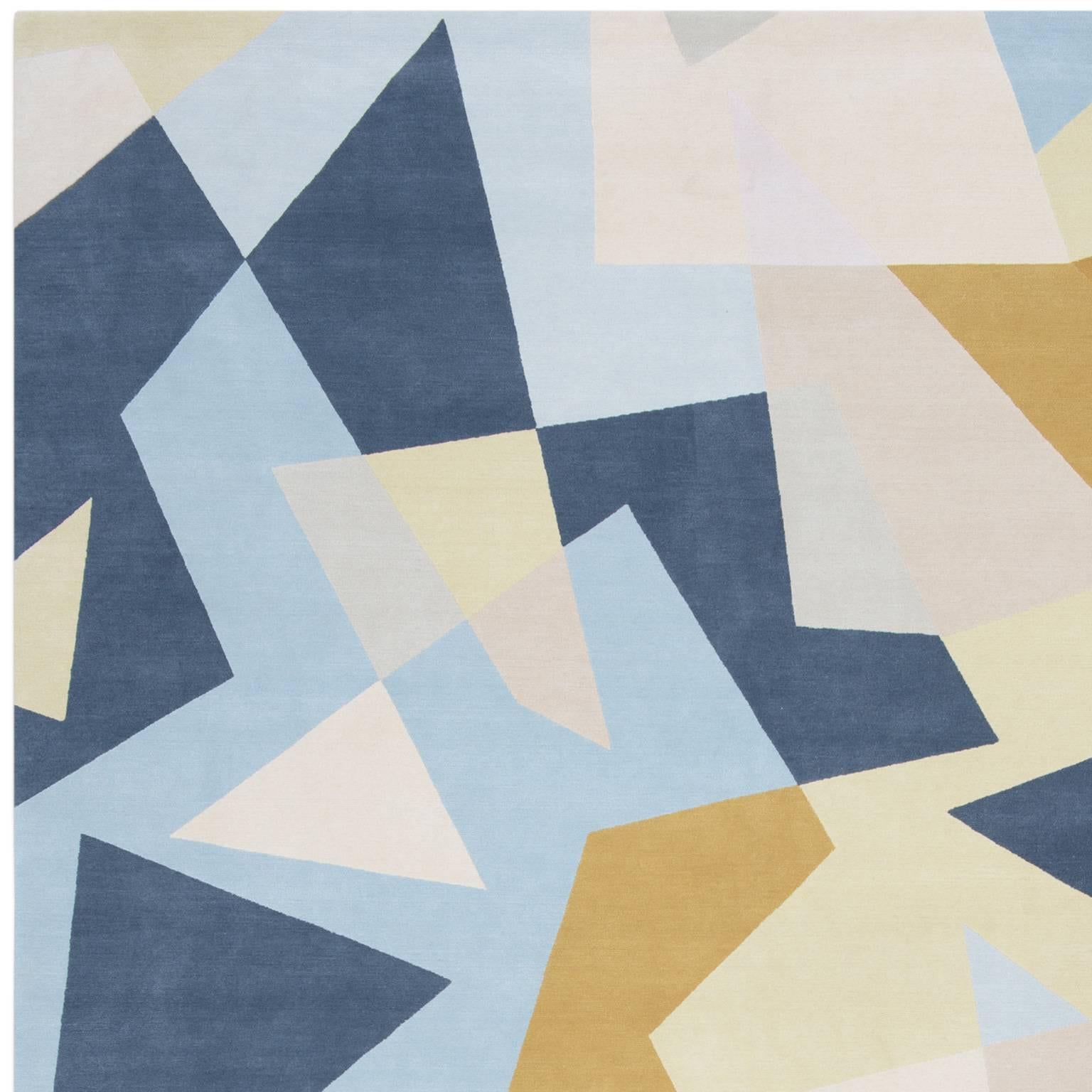 Modern 'Patchwork Blue' Hand-Knotted Contemporary Geometric Wool and Silk Tibetan Rug For Sale