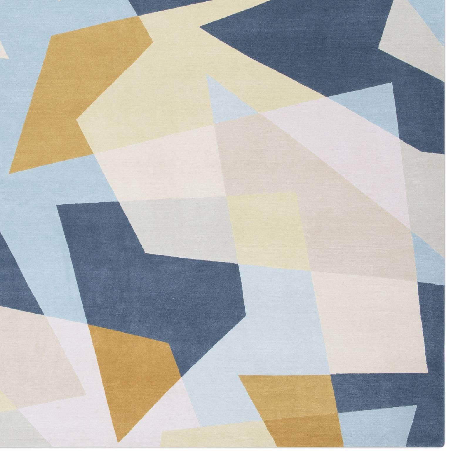 'Patchwork Blue' Hand-Knotted Contemporary Geometric Wool and Silk Tibetan Rug For Sale 2