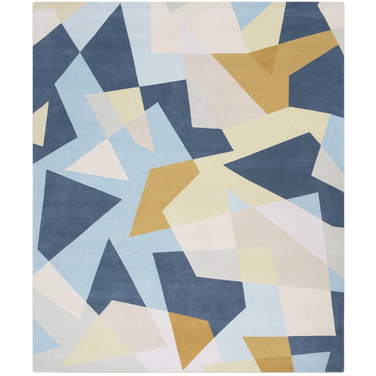 'Patchwork Blue' Hand-Knotted Contemporary Geometric Wool and Silk Tibetan Rug For Sale