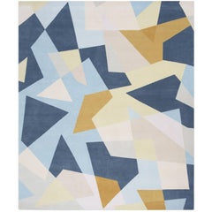 'Patchwork Blue' Hand-Knotted Contemporary Geometric Wool and Silk Tibetan Rug