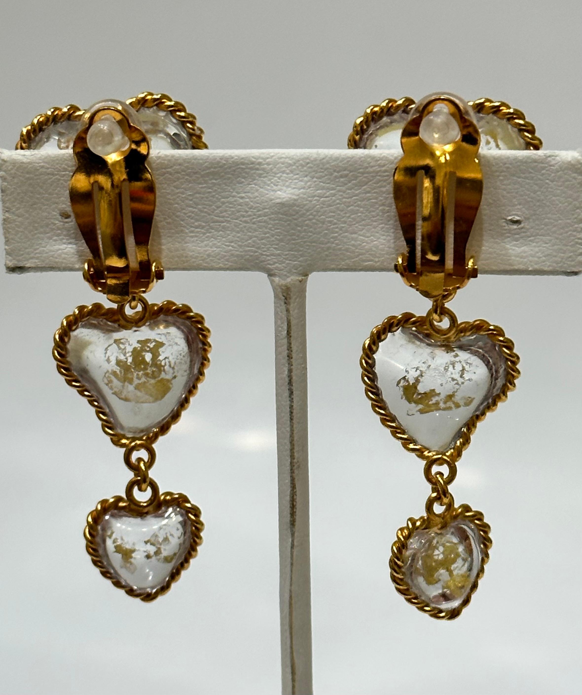 Artist Pate de Verre 3 Hearts Earrings For Sale