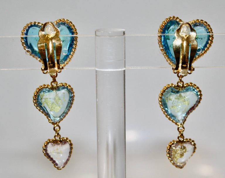 Pate De Verre 3 Hearts Earrings  For Sale 2