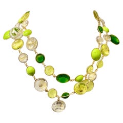 Pate De Verre Apple Green, Emerald and Clear gold Leaf Sautoir With Gold Leaves
