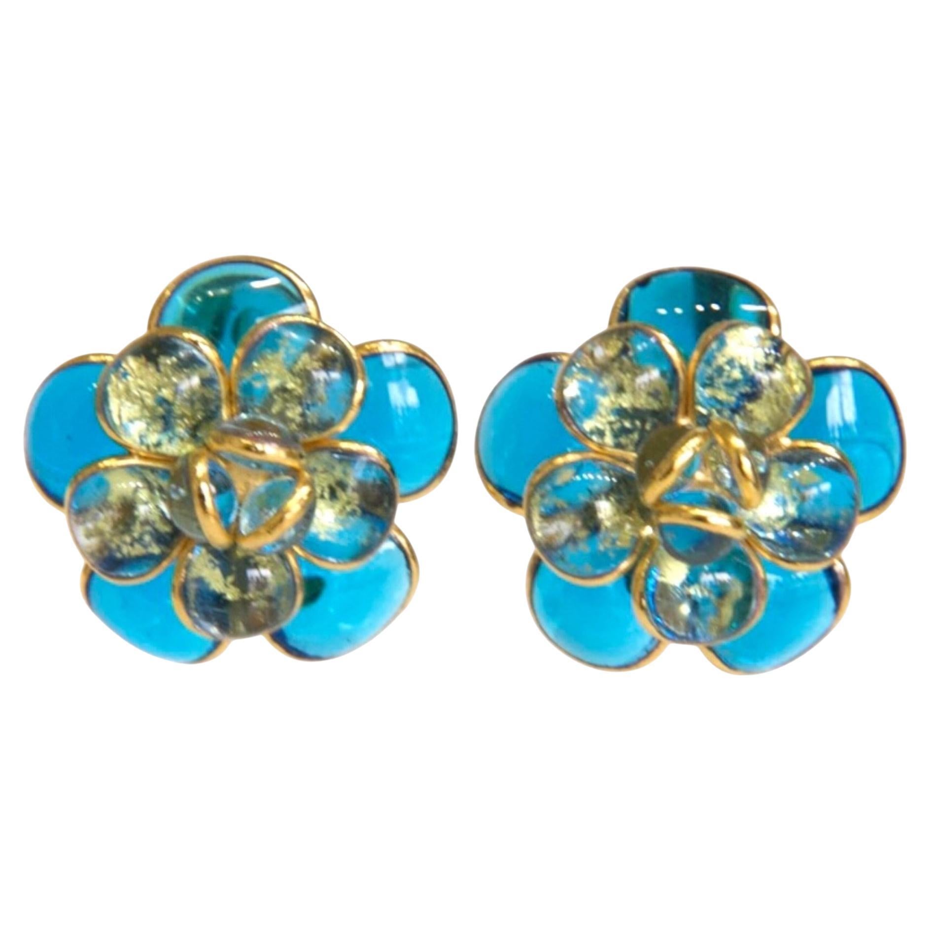 Pendientes Pate de Verre Aqua y Camelia Hoja de Oro