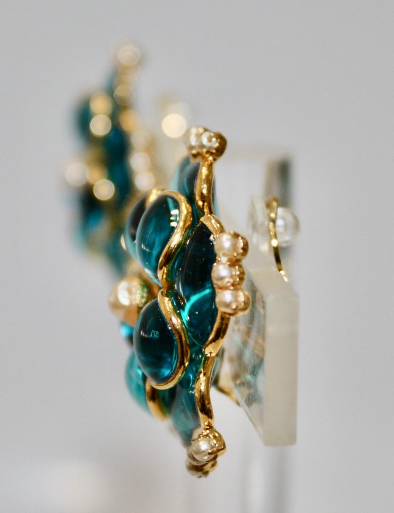 Aesthetic Movement Pate De Verre Aqua and Pearl Earrings For Sale