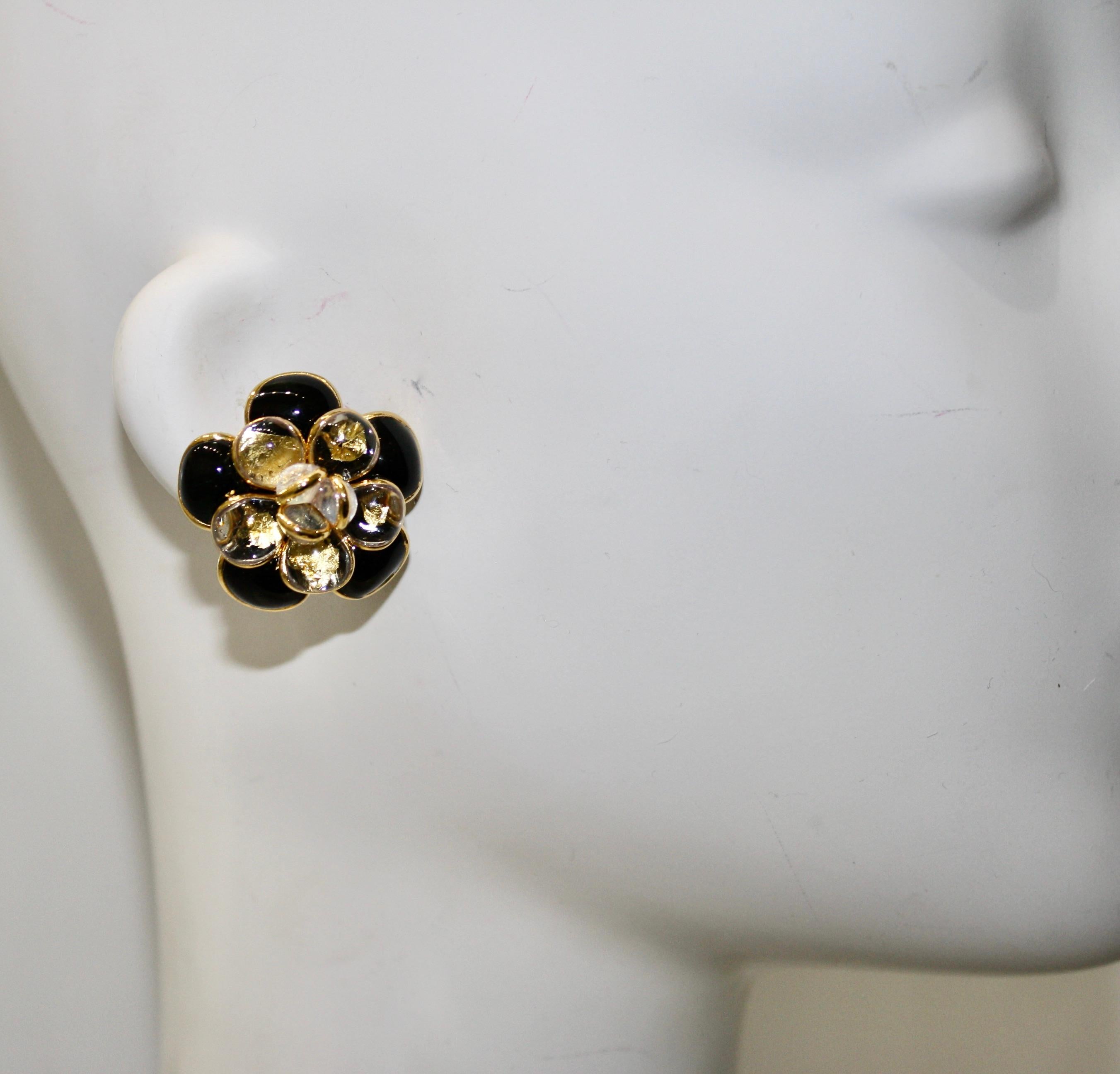 Pate de Verre Black and Gold Camelia Earrings 1