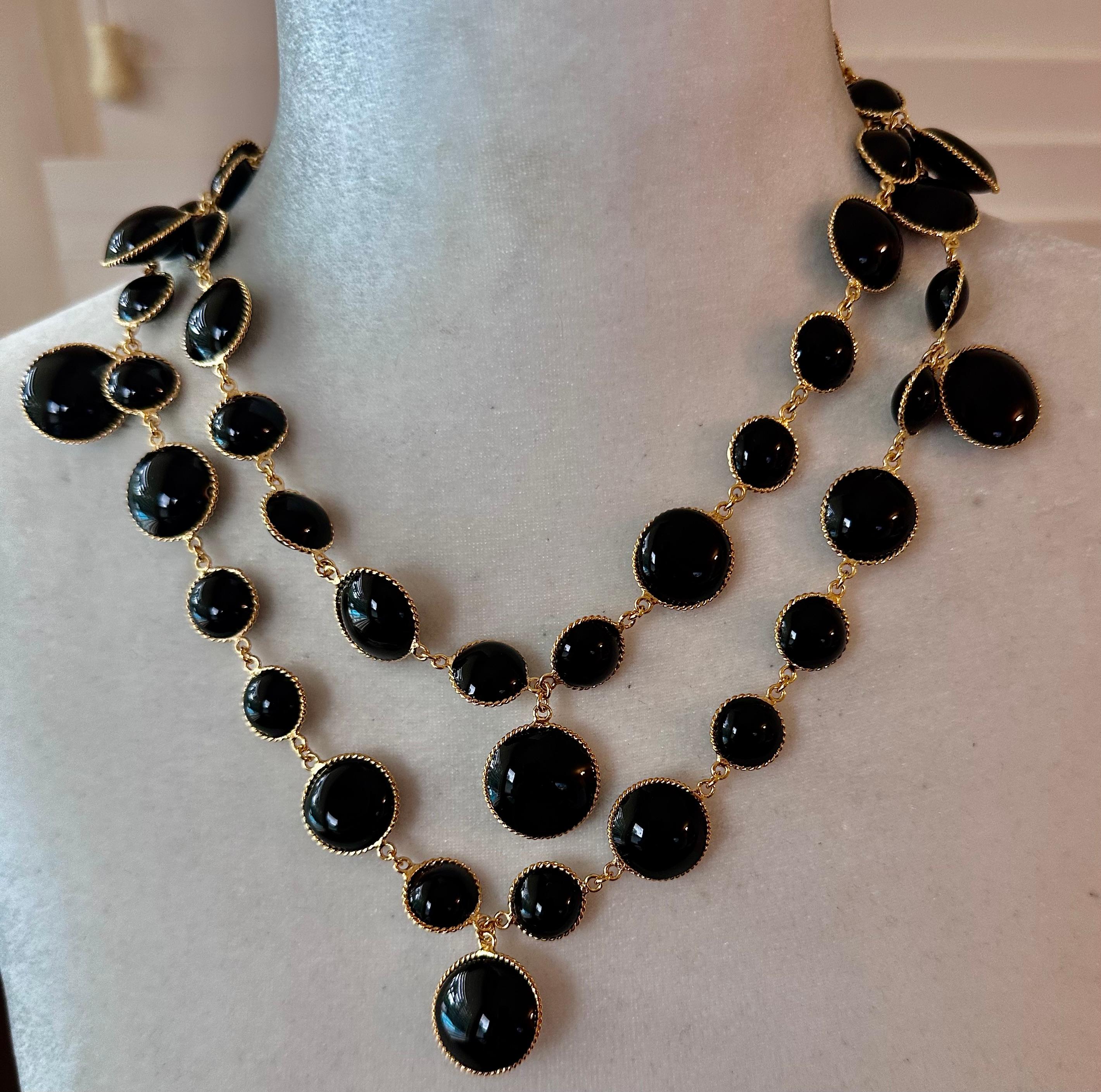 Women's or Men's Pate De Verre Black Sautoir With Gold Wrapped Wire