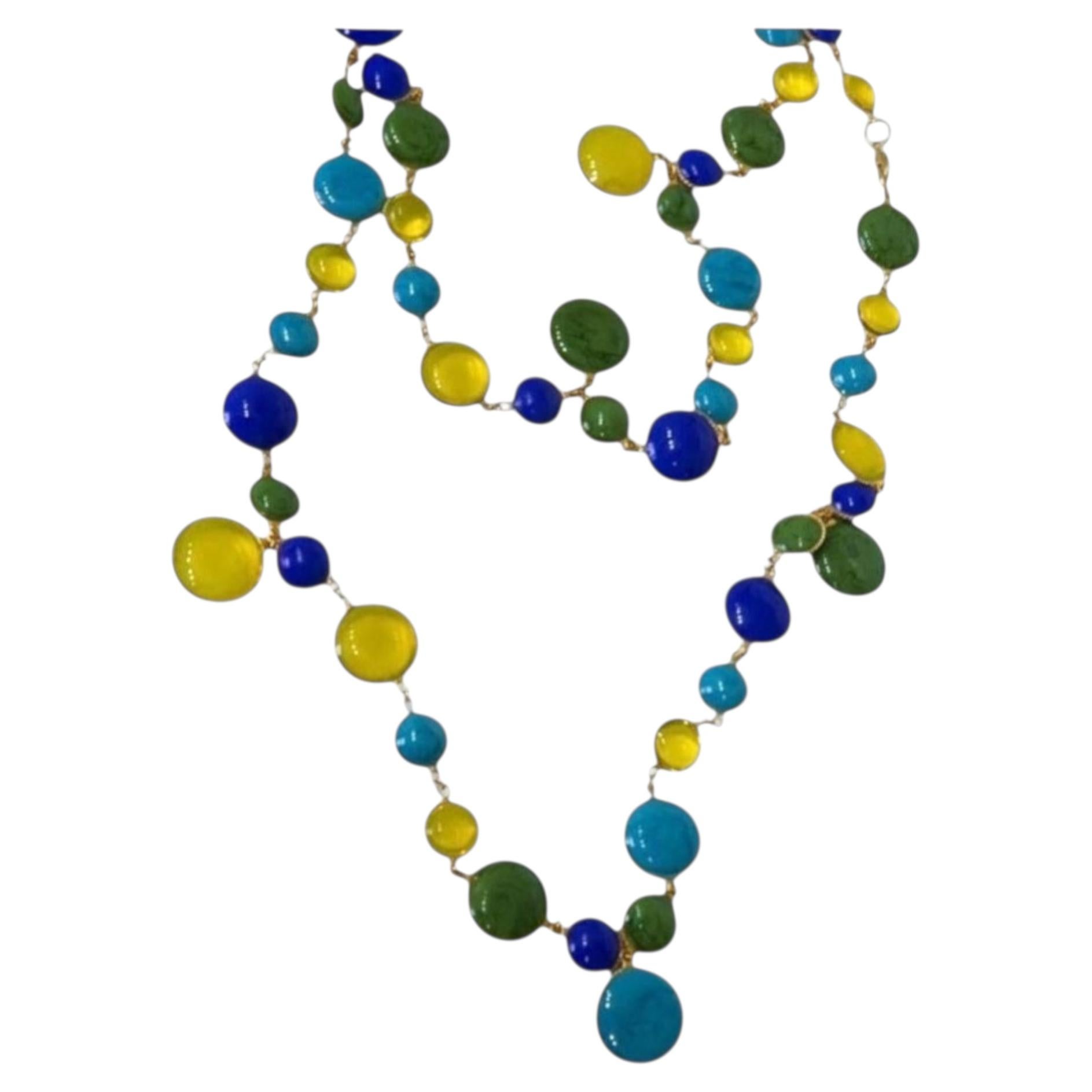 Pate De Verre Blue, Green, and Yellow Sautoir For Sale