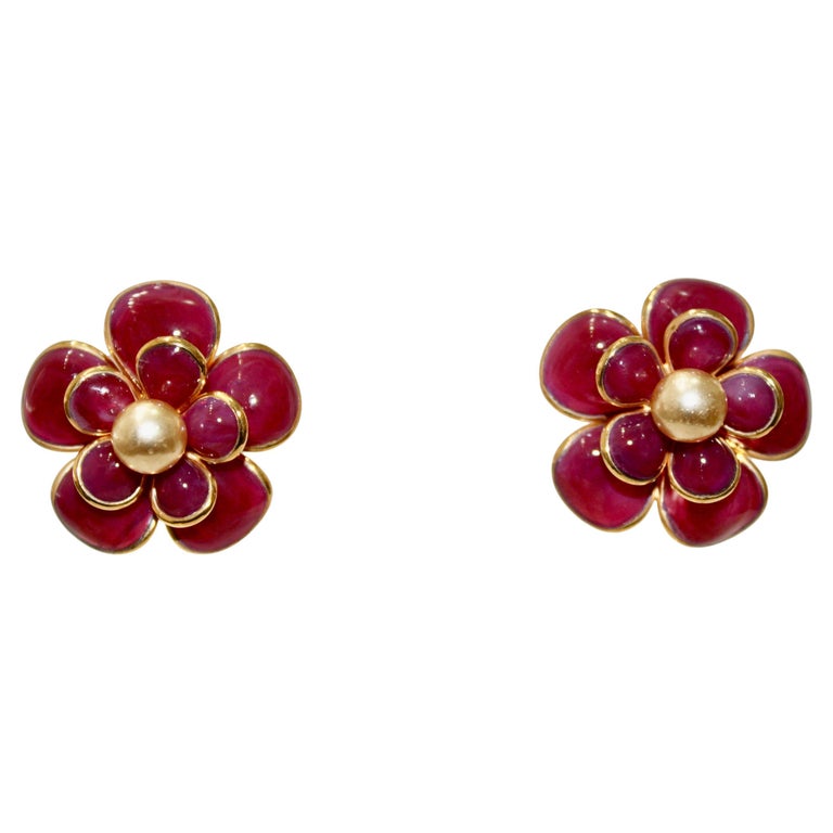 Gold Metal, Purple Gripoix, and Imitation Pearl Camellia Flower Earrings,  2005
