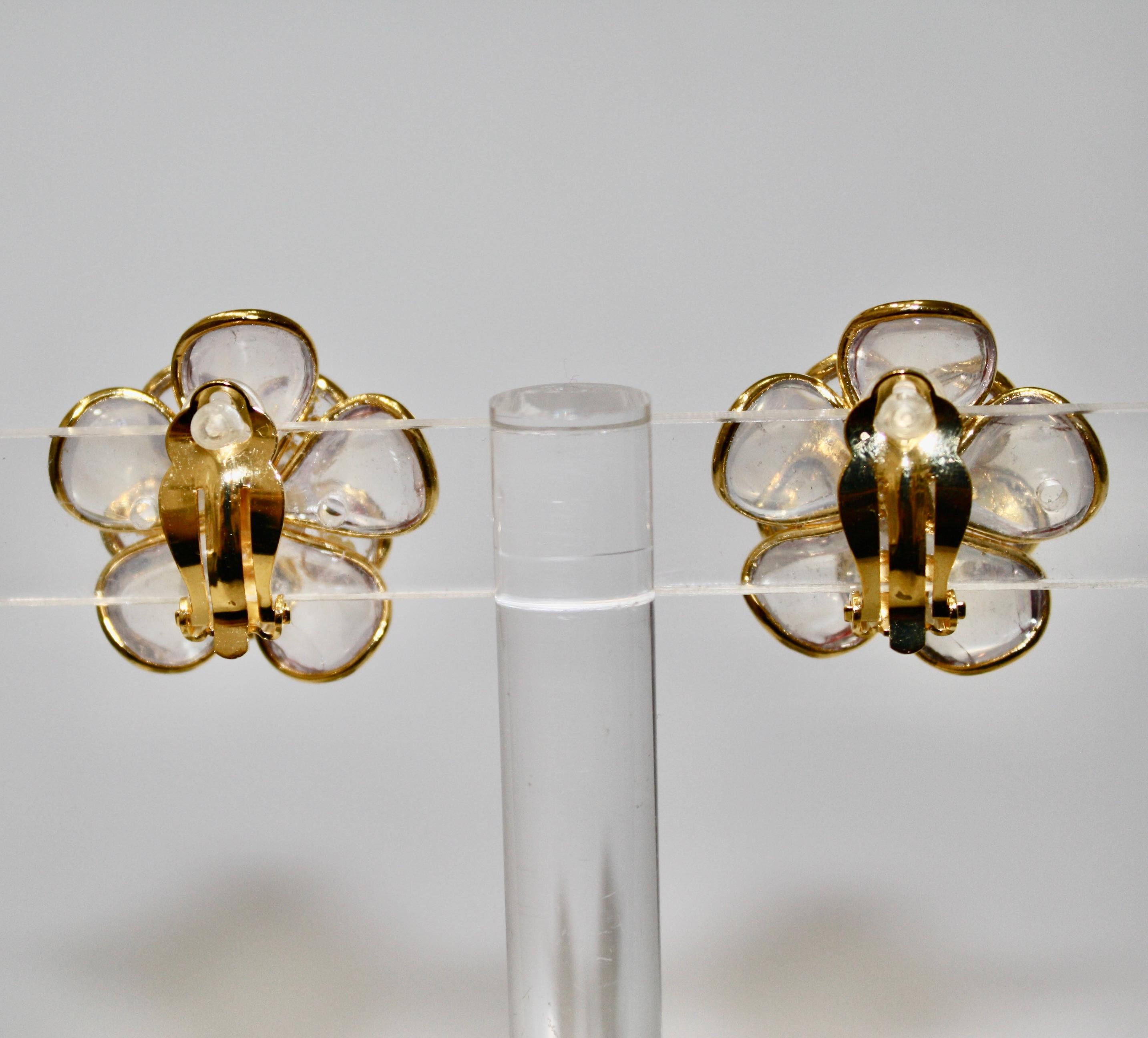 Artist Pate de Verre Clear and Gold Camelia Earrings