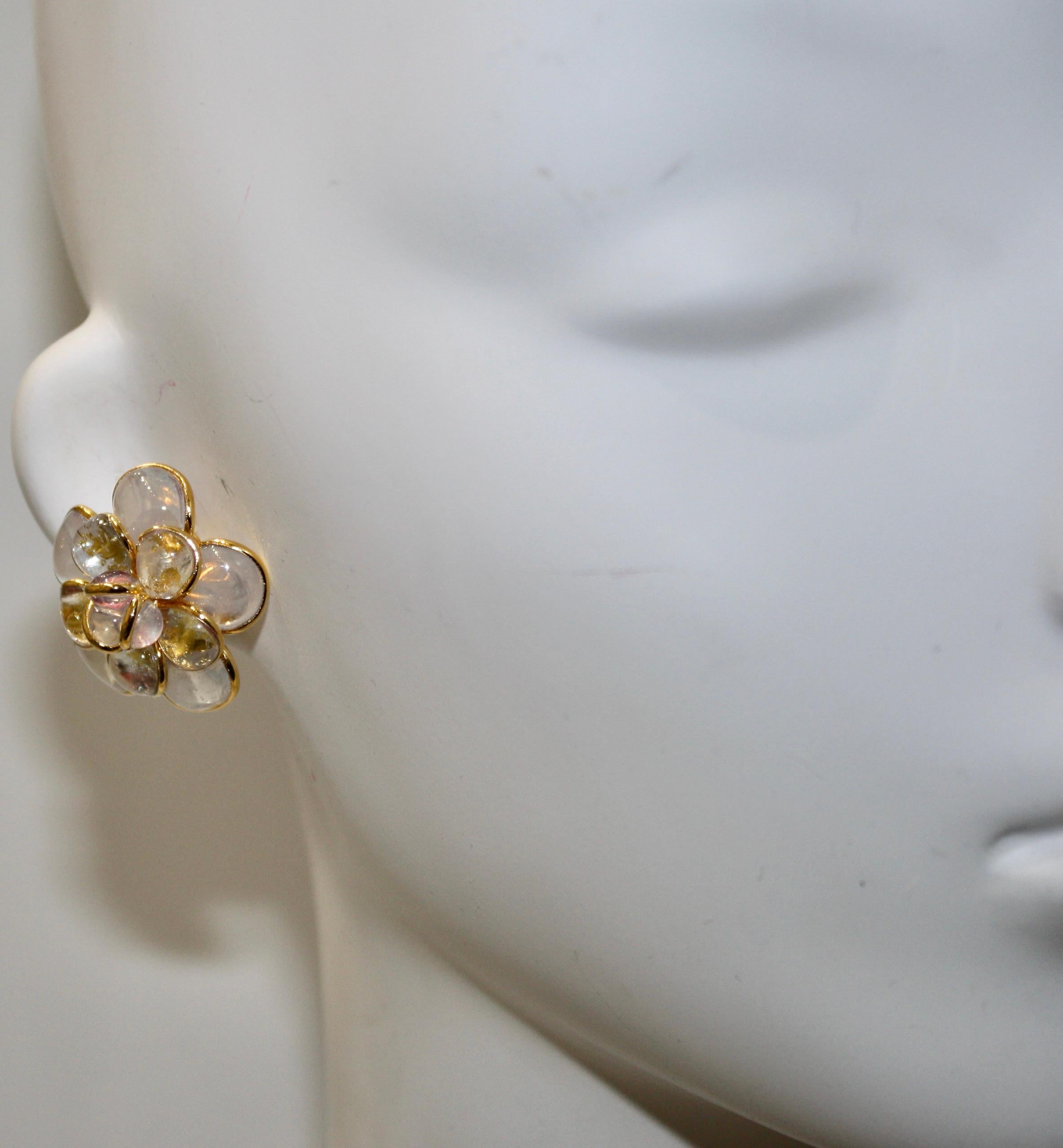 Pate de Verre Clear and Gold Camelia Earrings 1