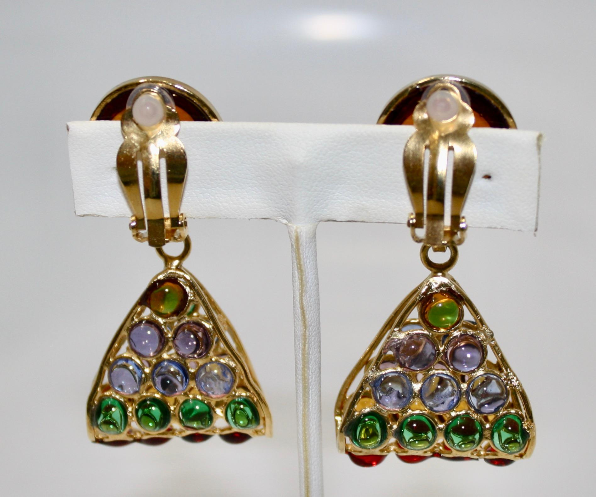 Made by the former artisans of the house of Gripoix in the poured glass process used in Chanel  costume jewelry..
Gilded brass with multicolor pate de verre drops .