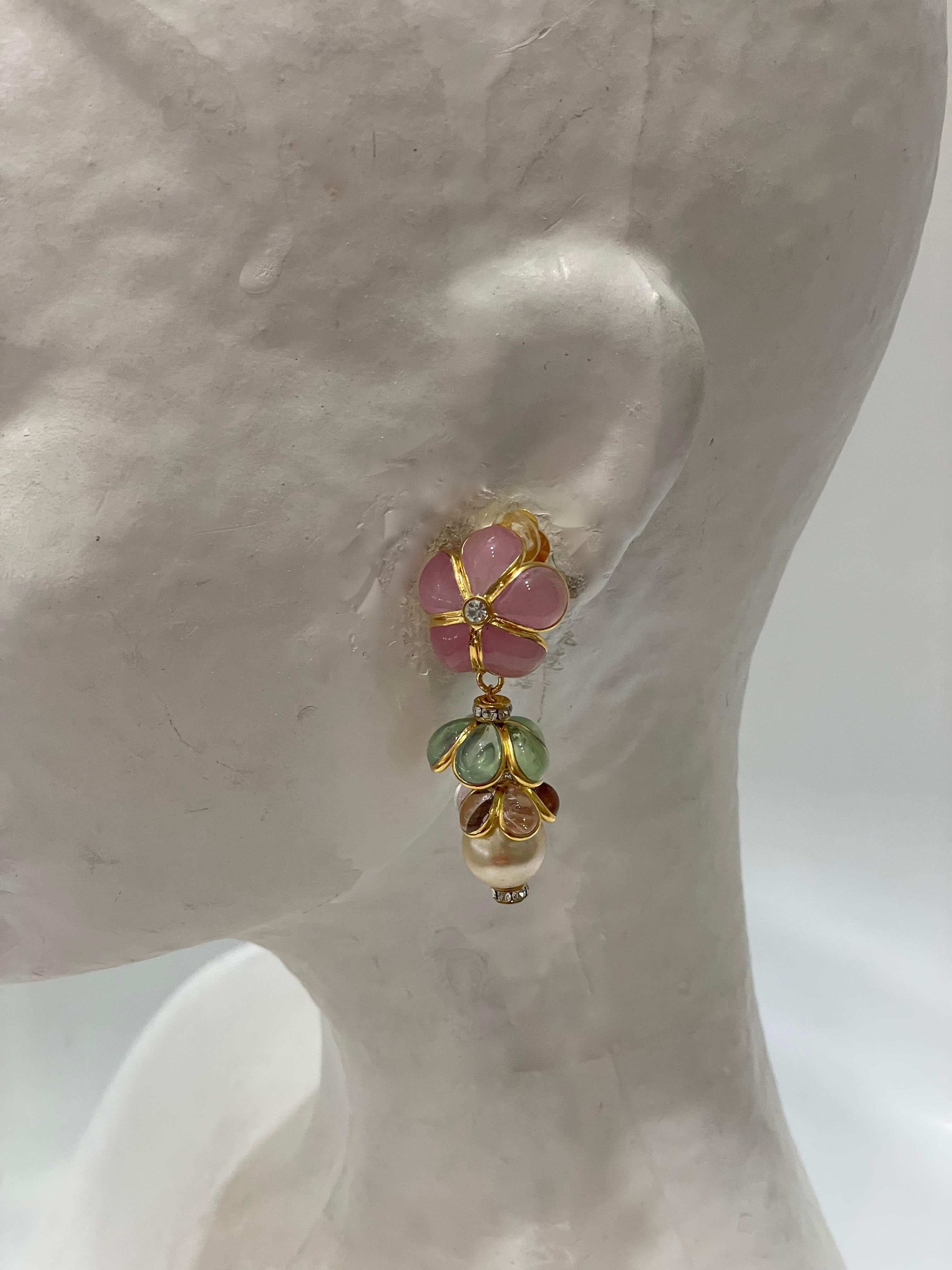 Artist Pate De Verre Flower and Pearl Drop Earrings