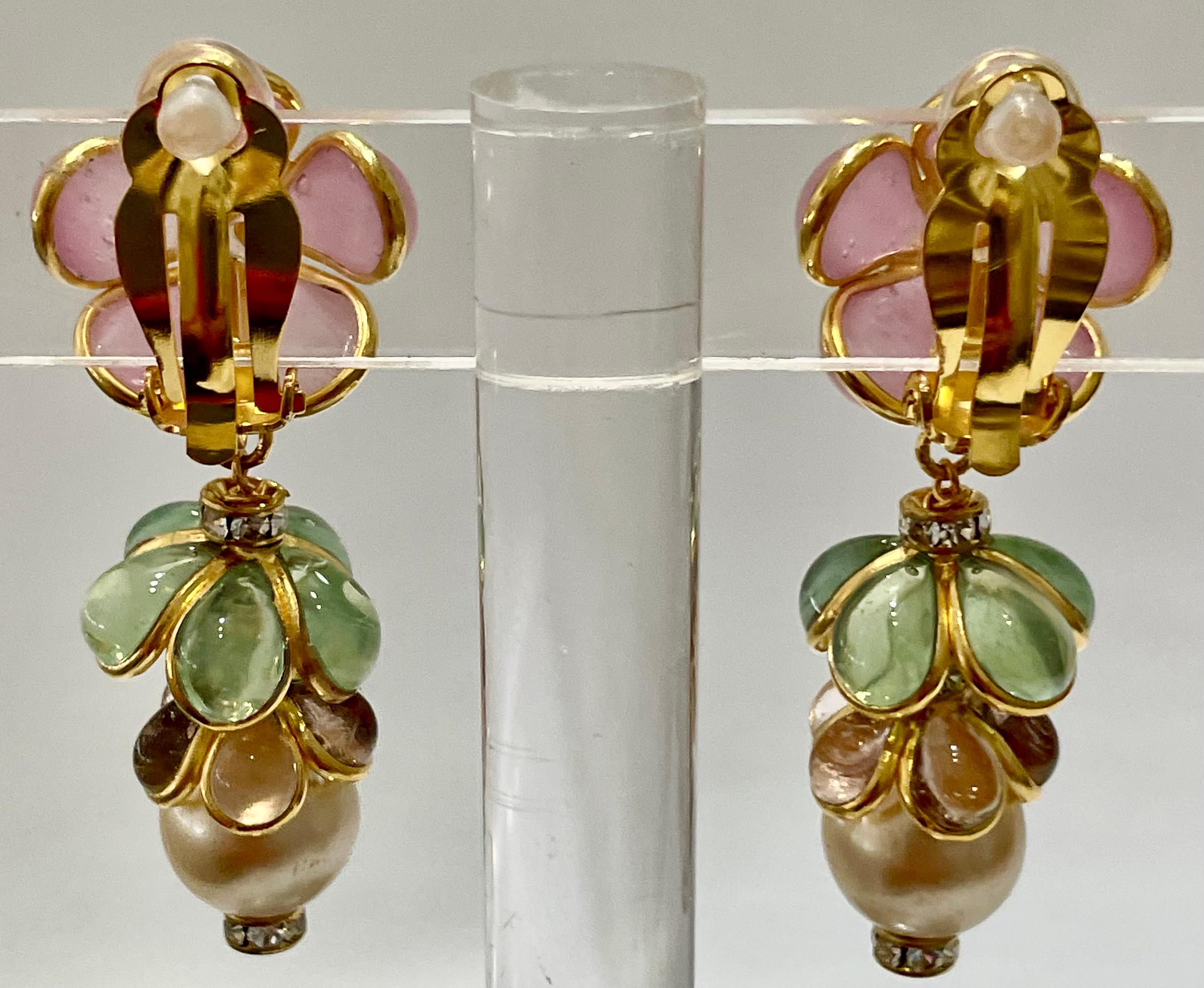 Women's or Men's Pate De Verre Flower and Pearl Drop Earrings