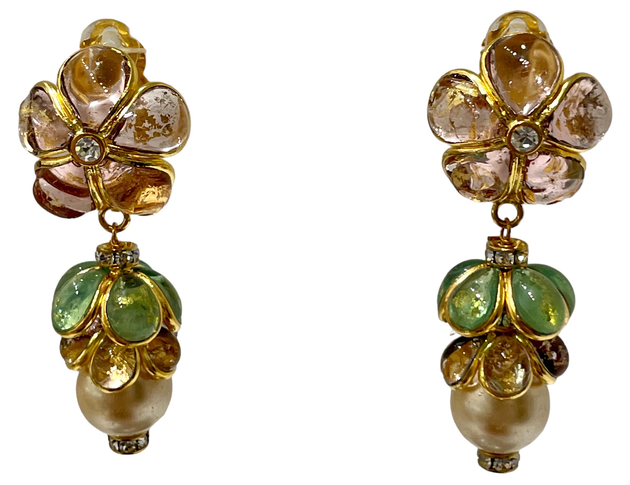 Pate De Verre Flower and Pearl Drop Earrings 3