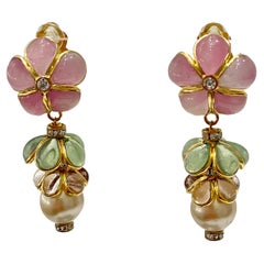 Pate De Verre Flower and Pearl Drop Earrings