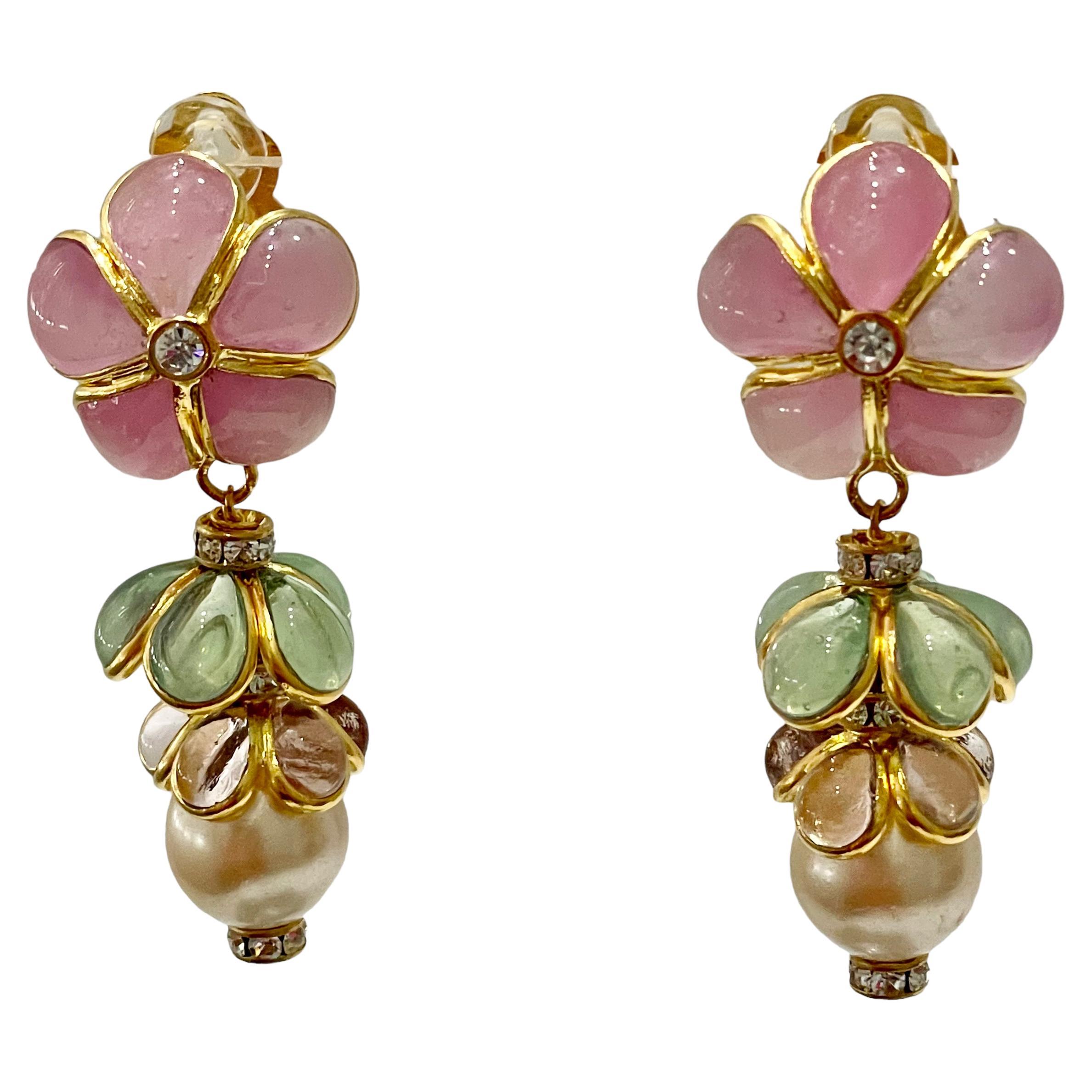 Pate De Verre Flower and Pearl Drop Earrings