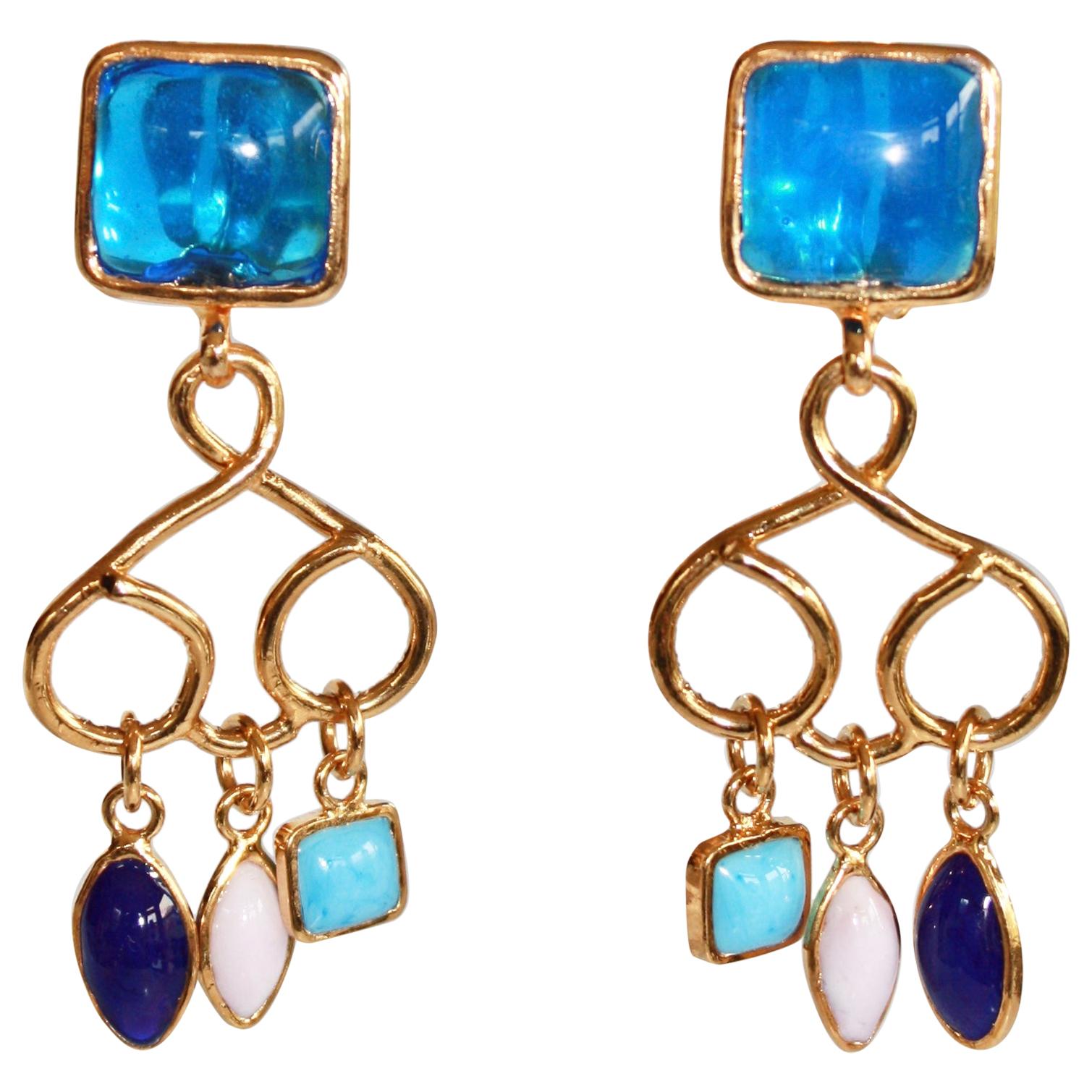 Pate de Verre Glass Blue Clip Earrings 