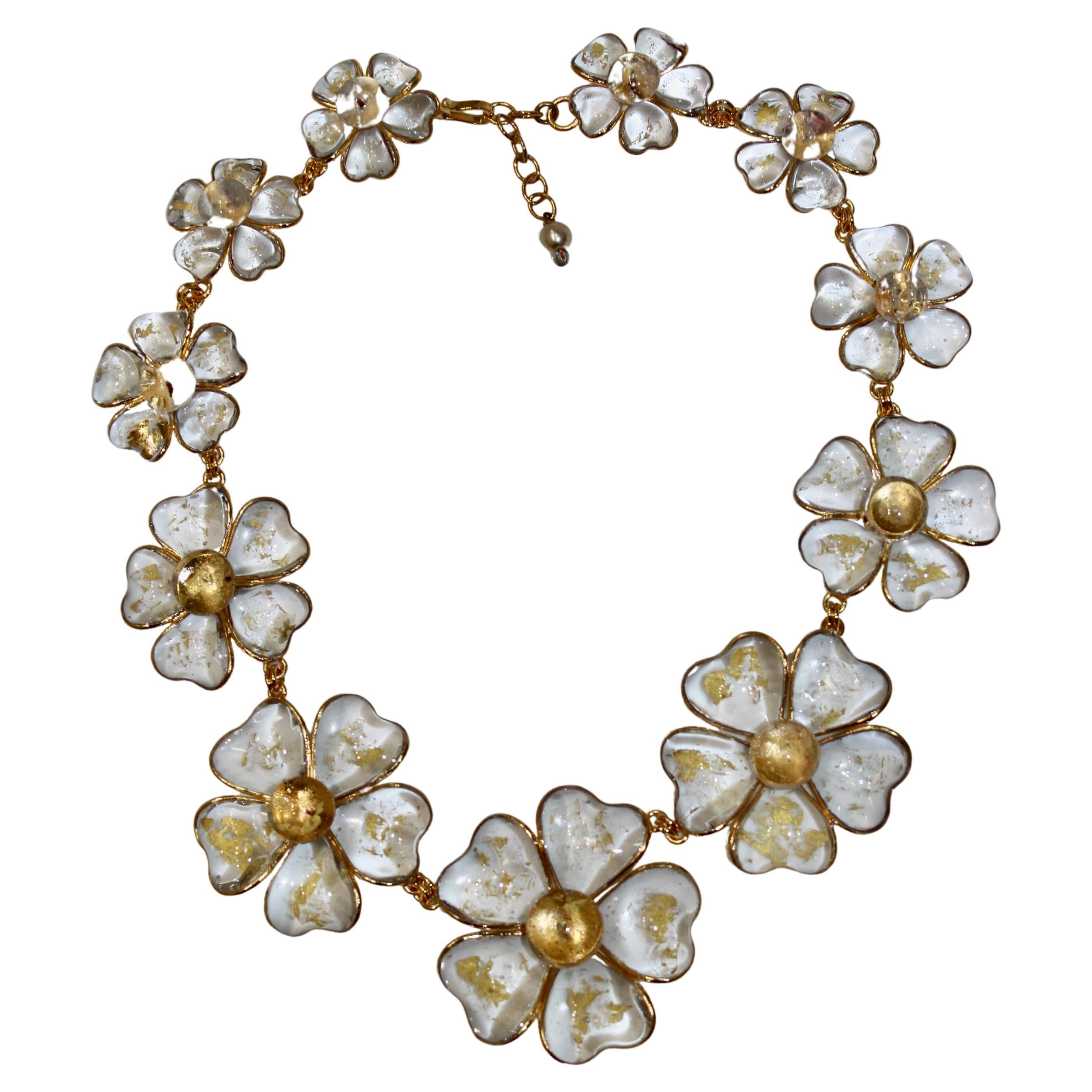 Pate De Verre Gold Leaf and Clear Flower Choker