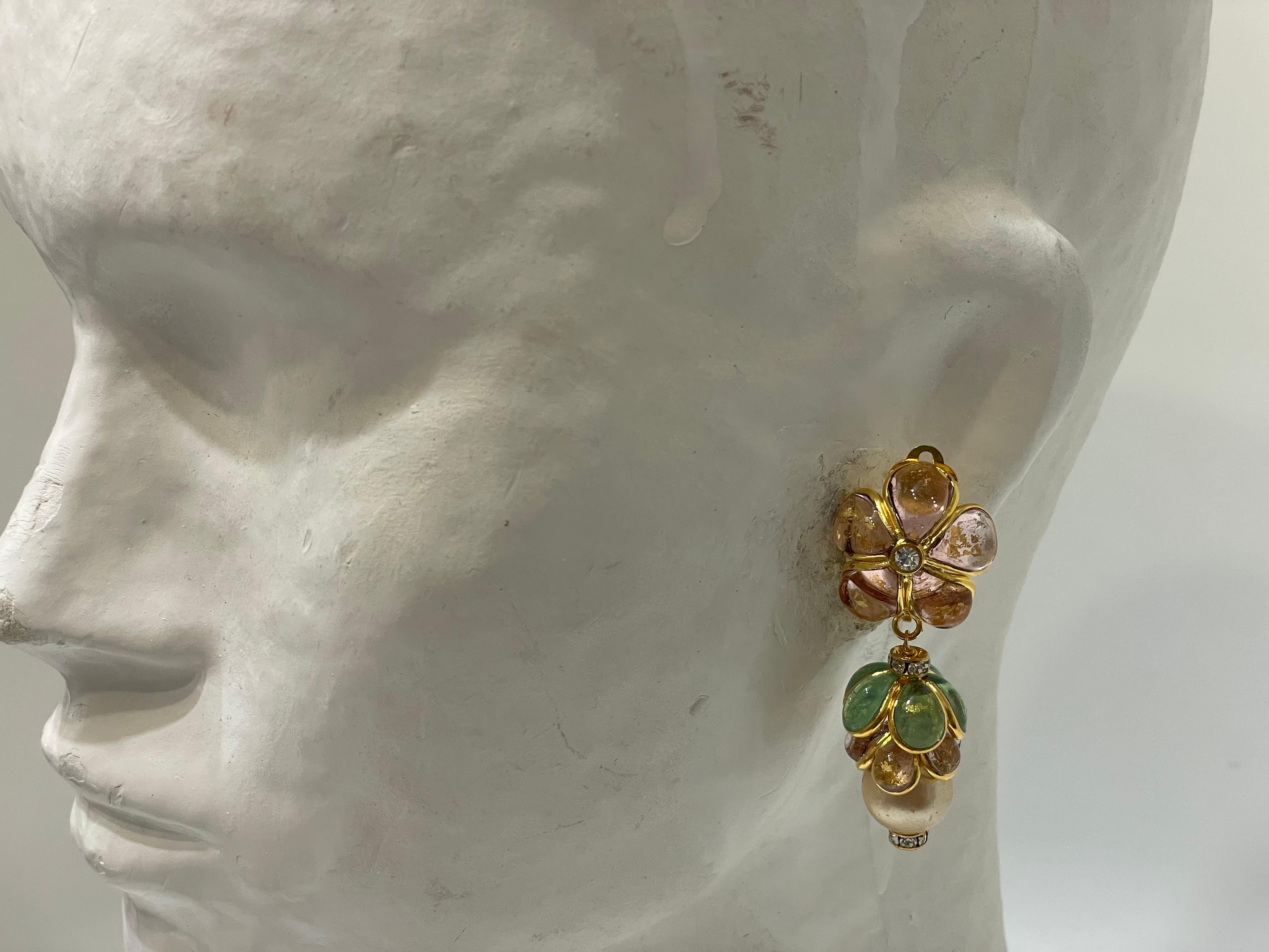 Artist Pate De Verre Gold Leaf Flower and Pearl Earrings 